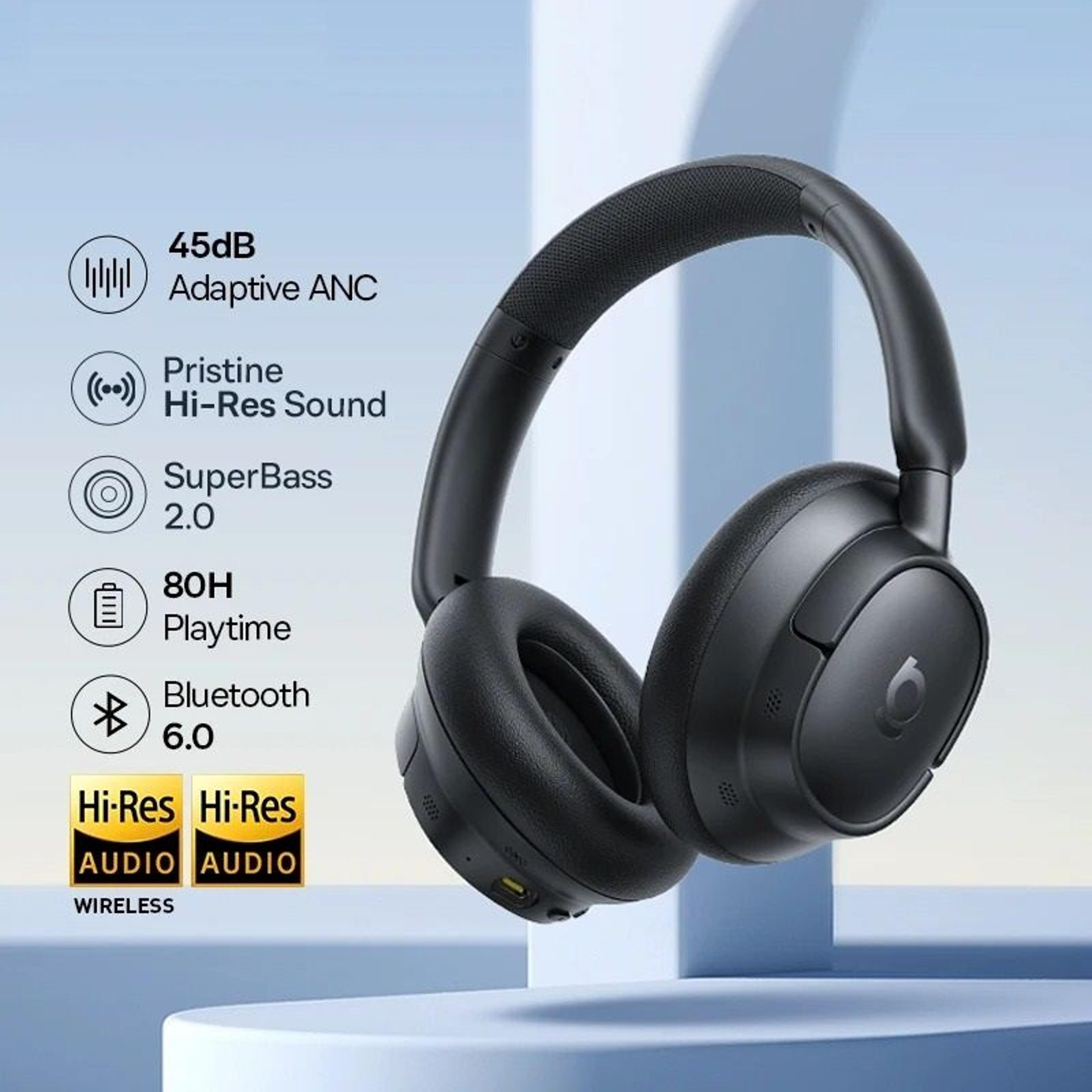 adaptive noise cancelling wireless headphones with long battery life
