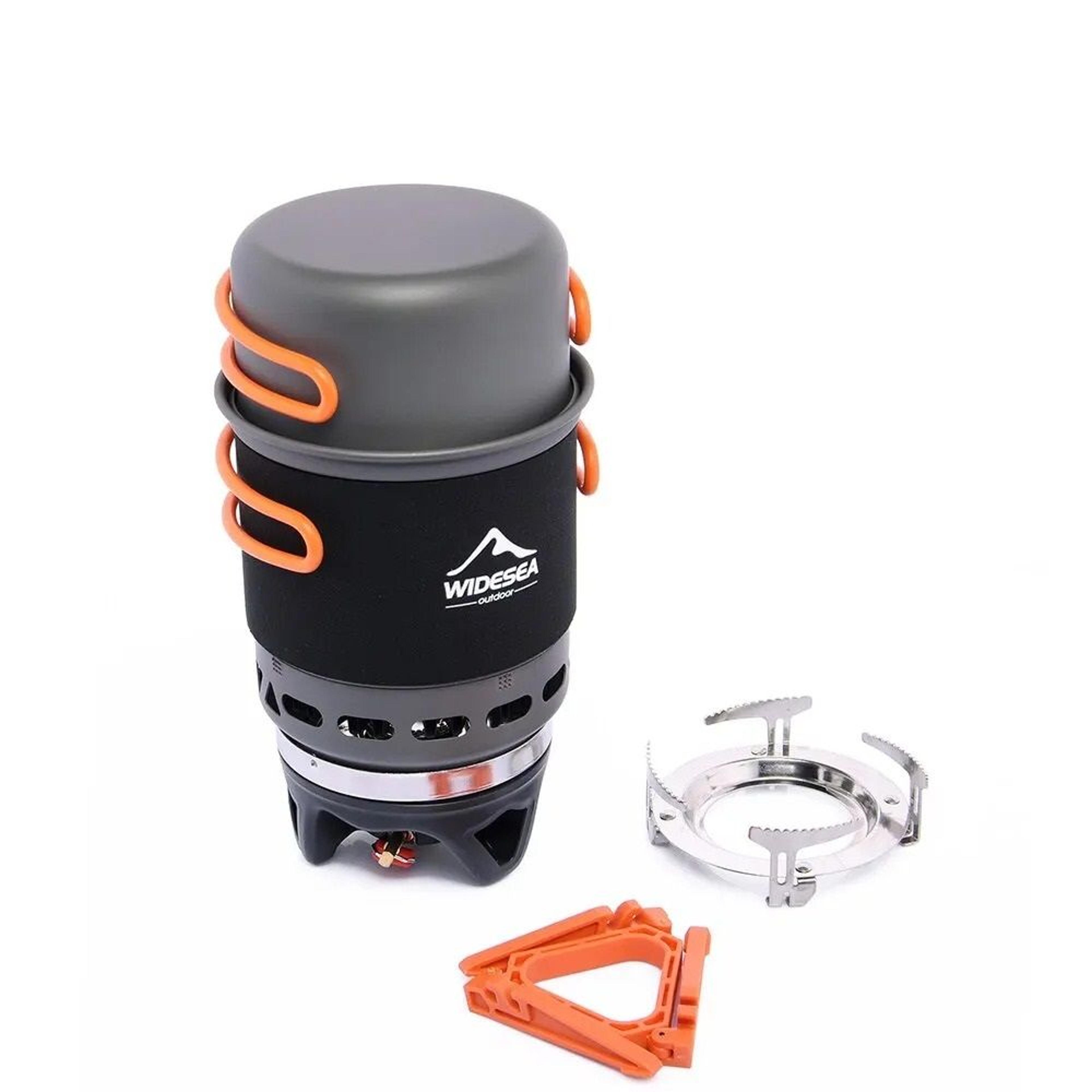 outdoor camping cooking system with gas burner and cookware set