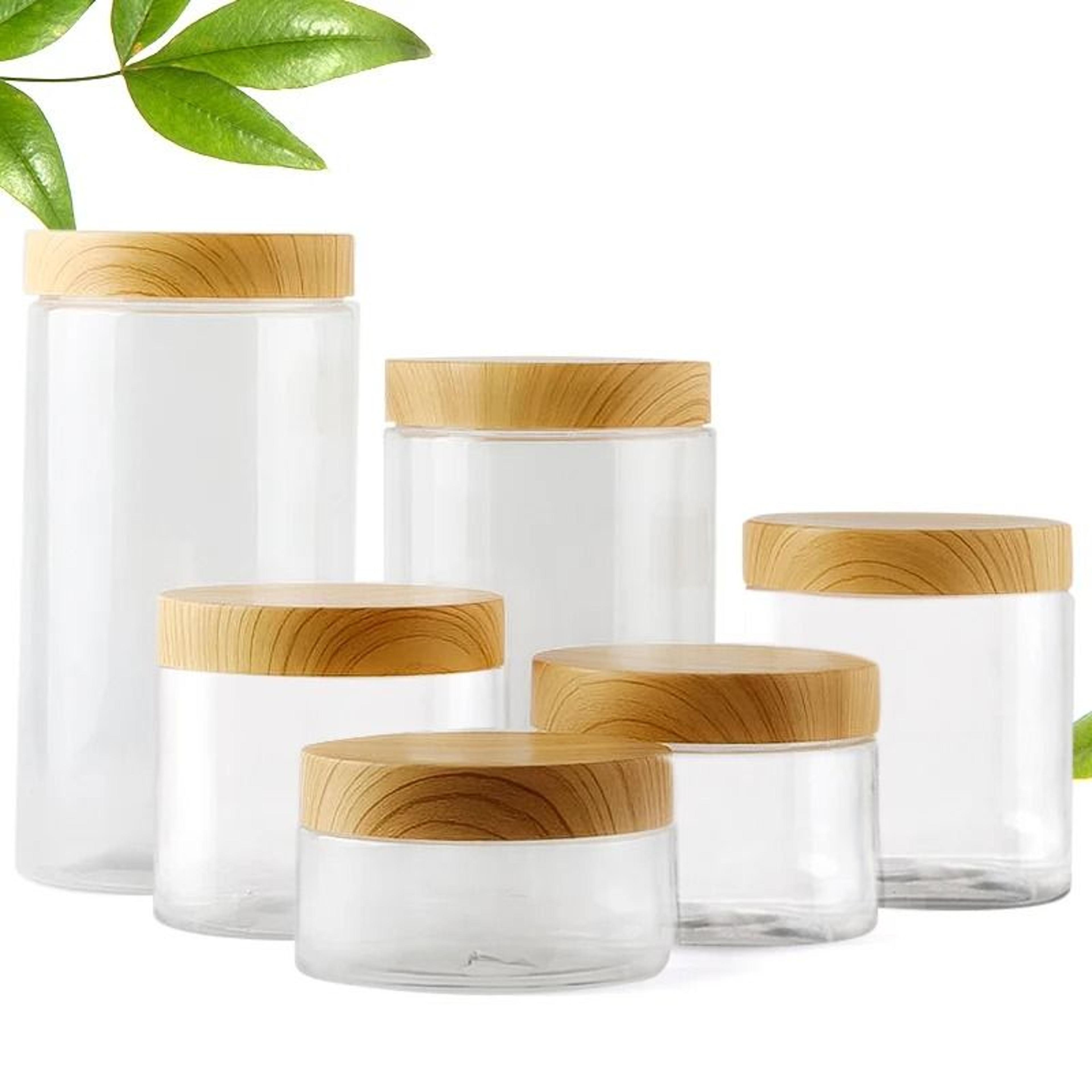 clear plastic storage jars with wood style lids