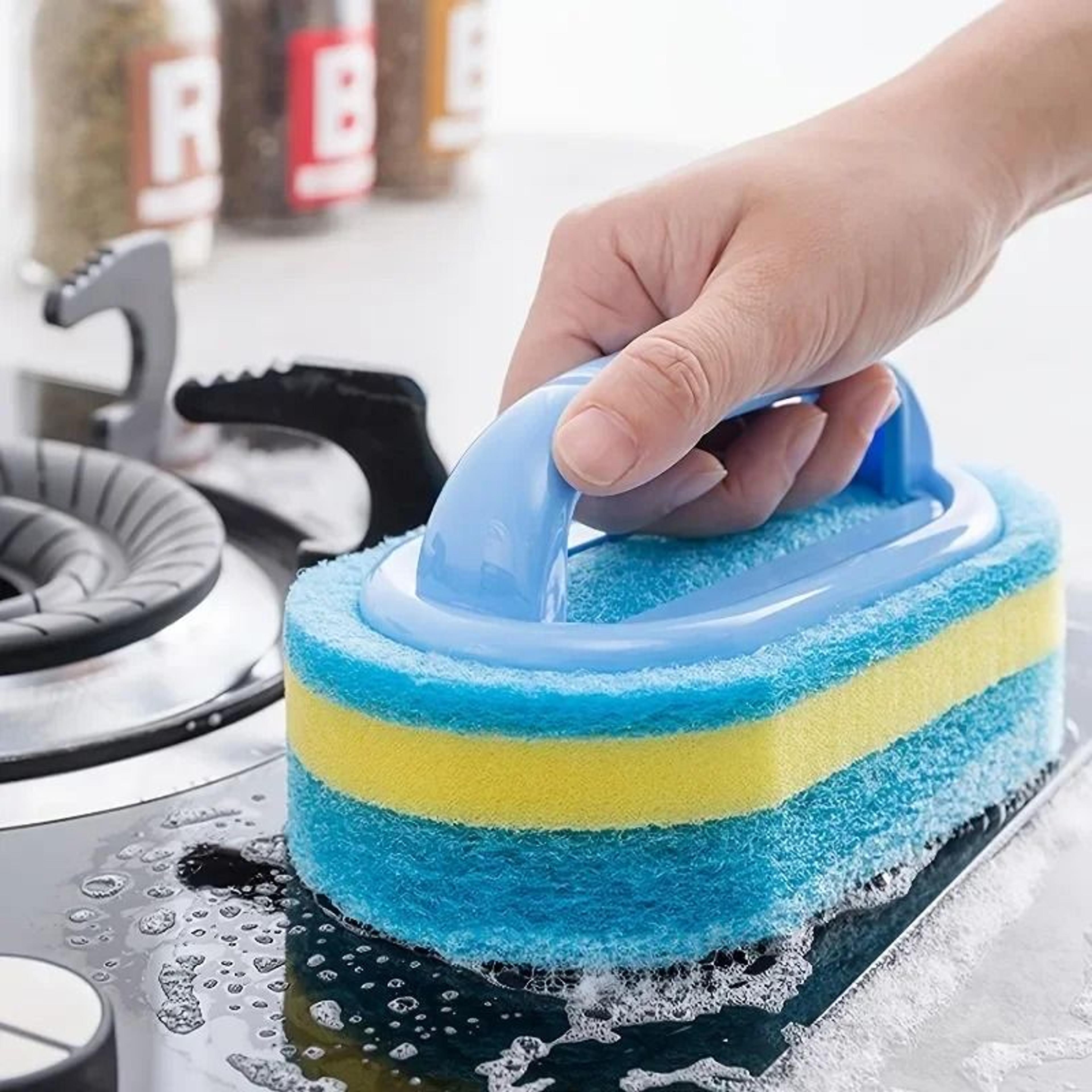 household cleaning brush with handle and sponge