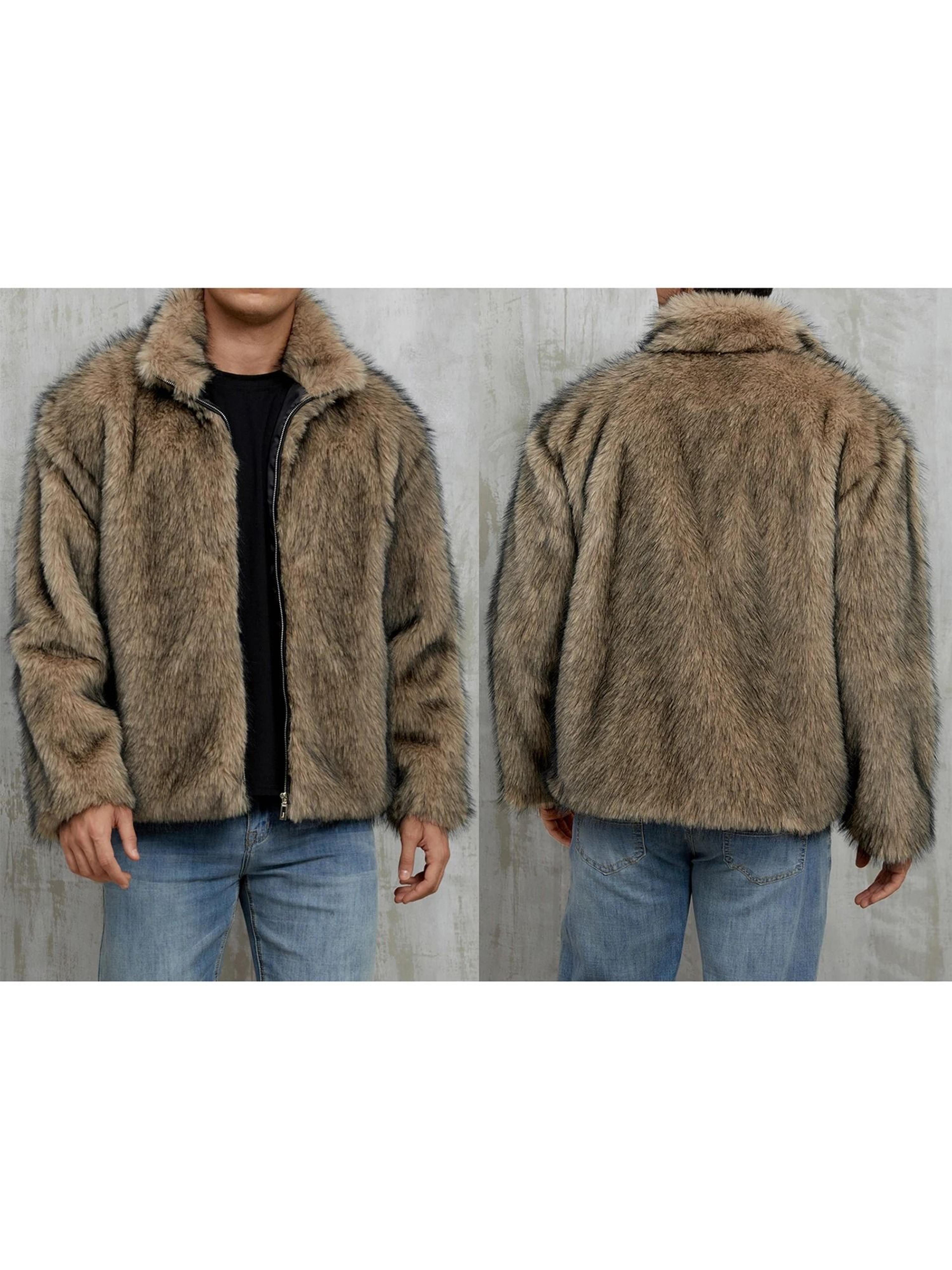 mens faux fur winter jacket with stand collar and zip up closure