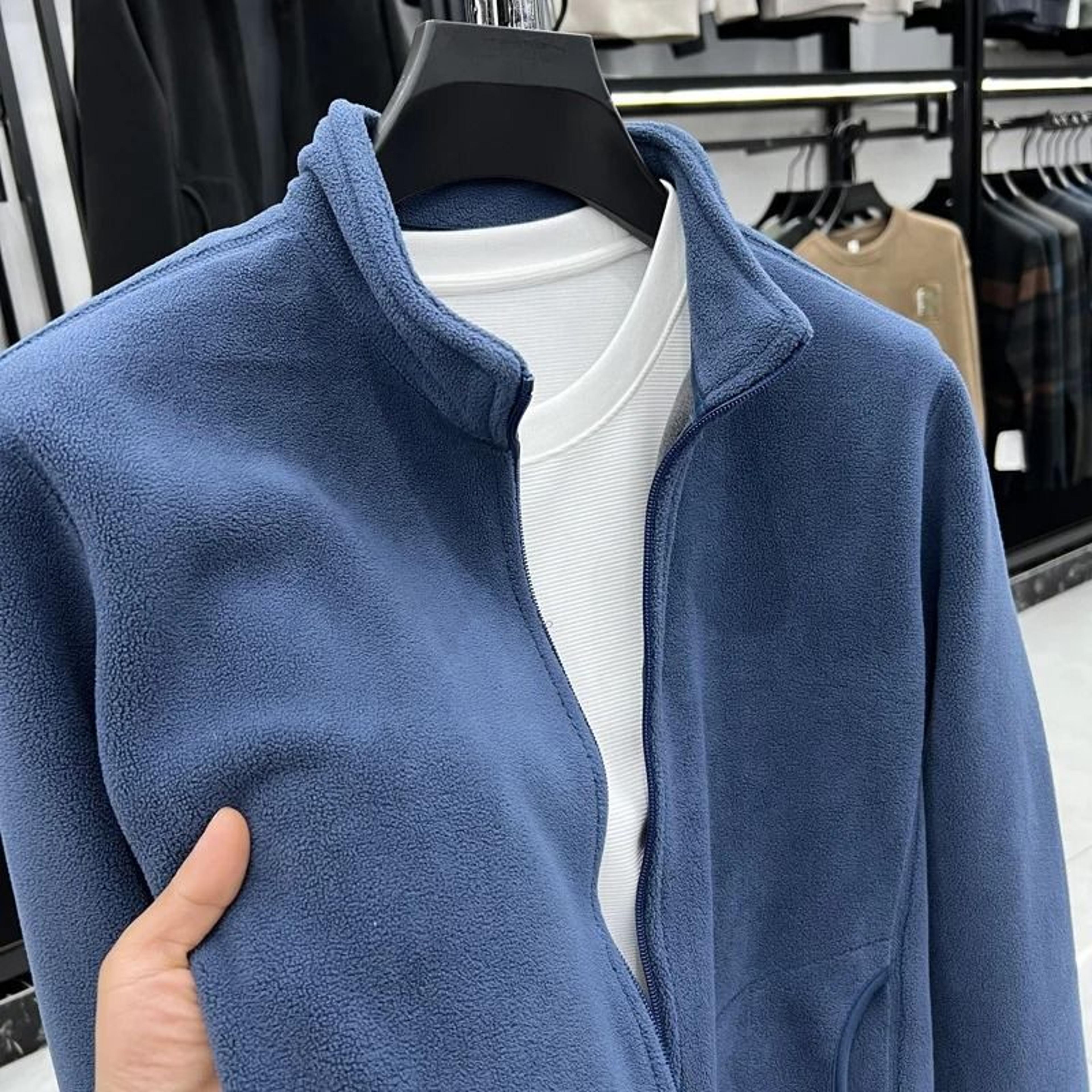 mens double sided fleece hoodie jacket with stand collar