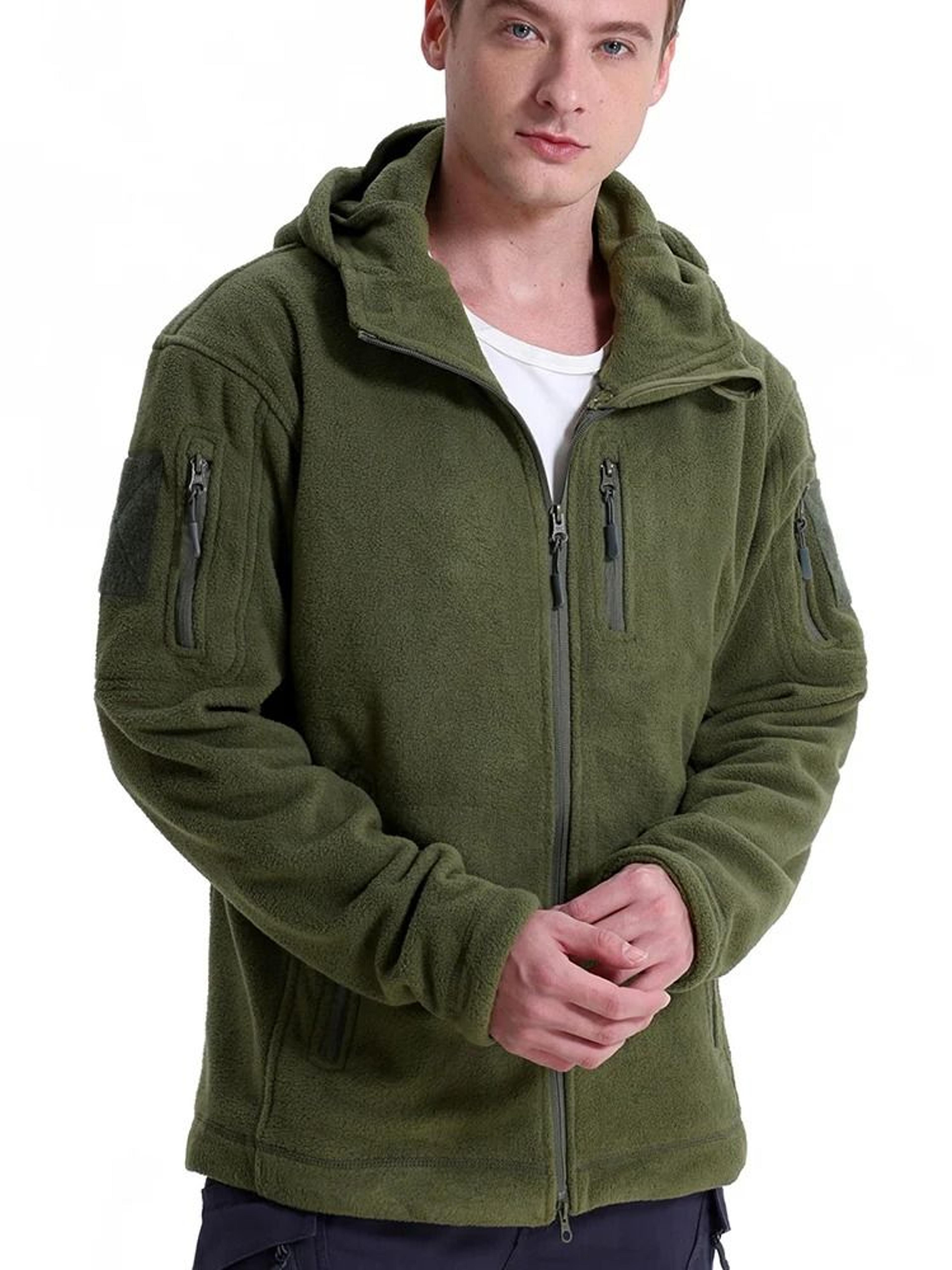 mens winter tactical fleece jacket with multiple pockets and hood
