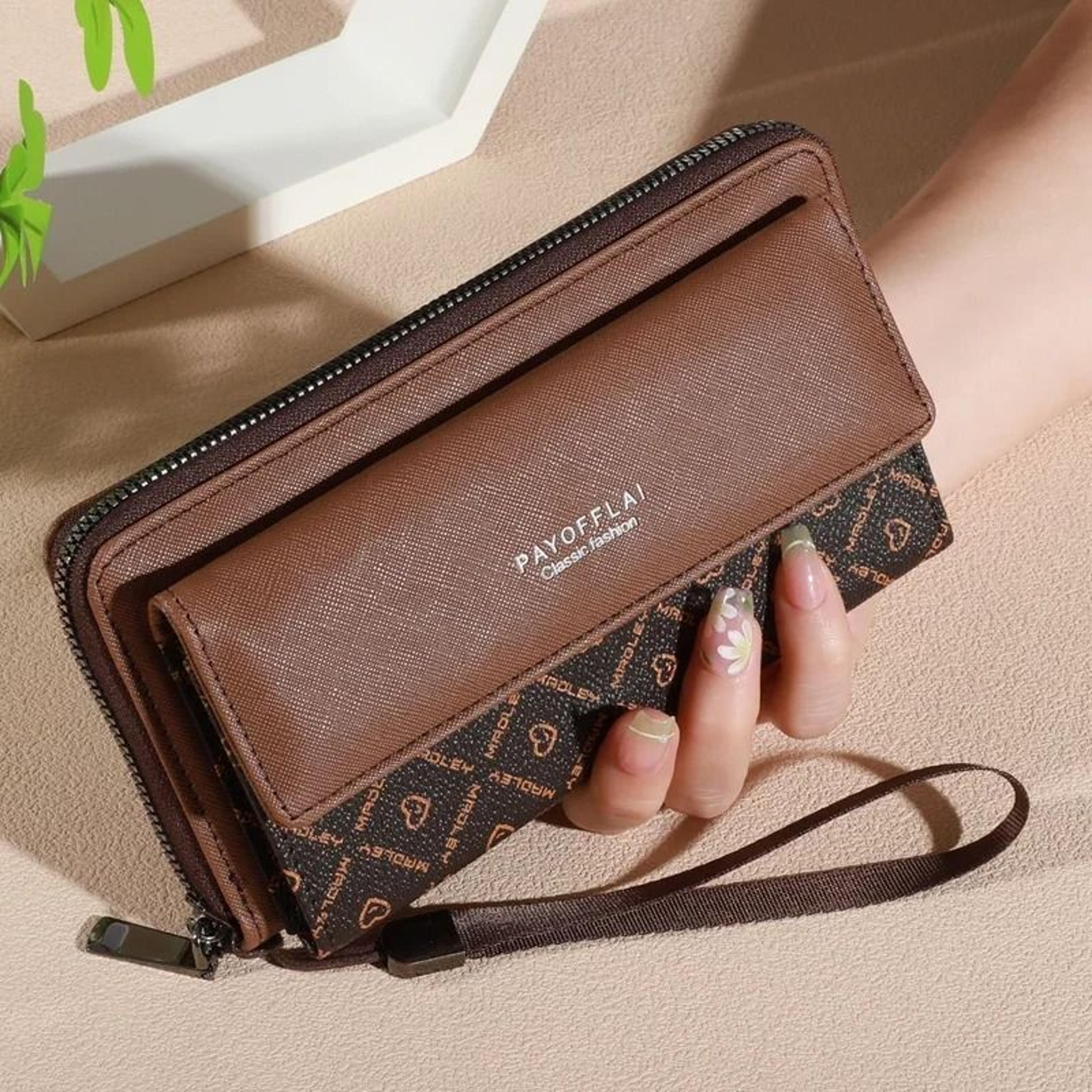 mens double-layer faux leather wallet with snap closure and zippered coin pocket