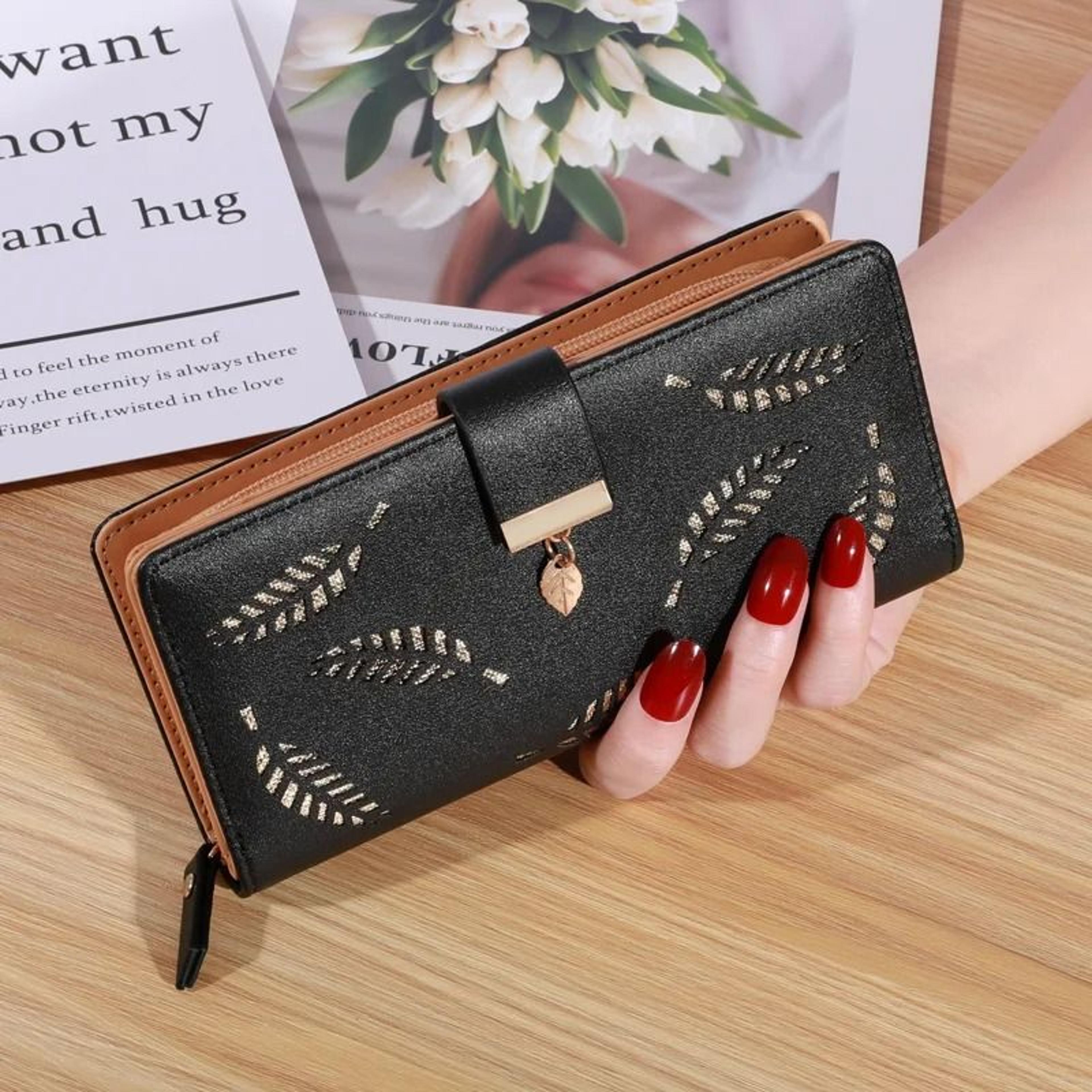 womens long pu leather wallet with gold leaf detail and coin pocket