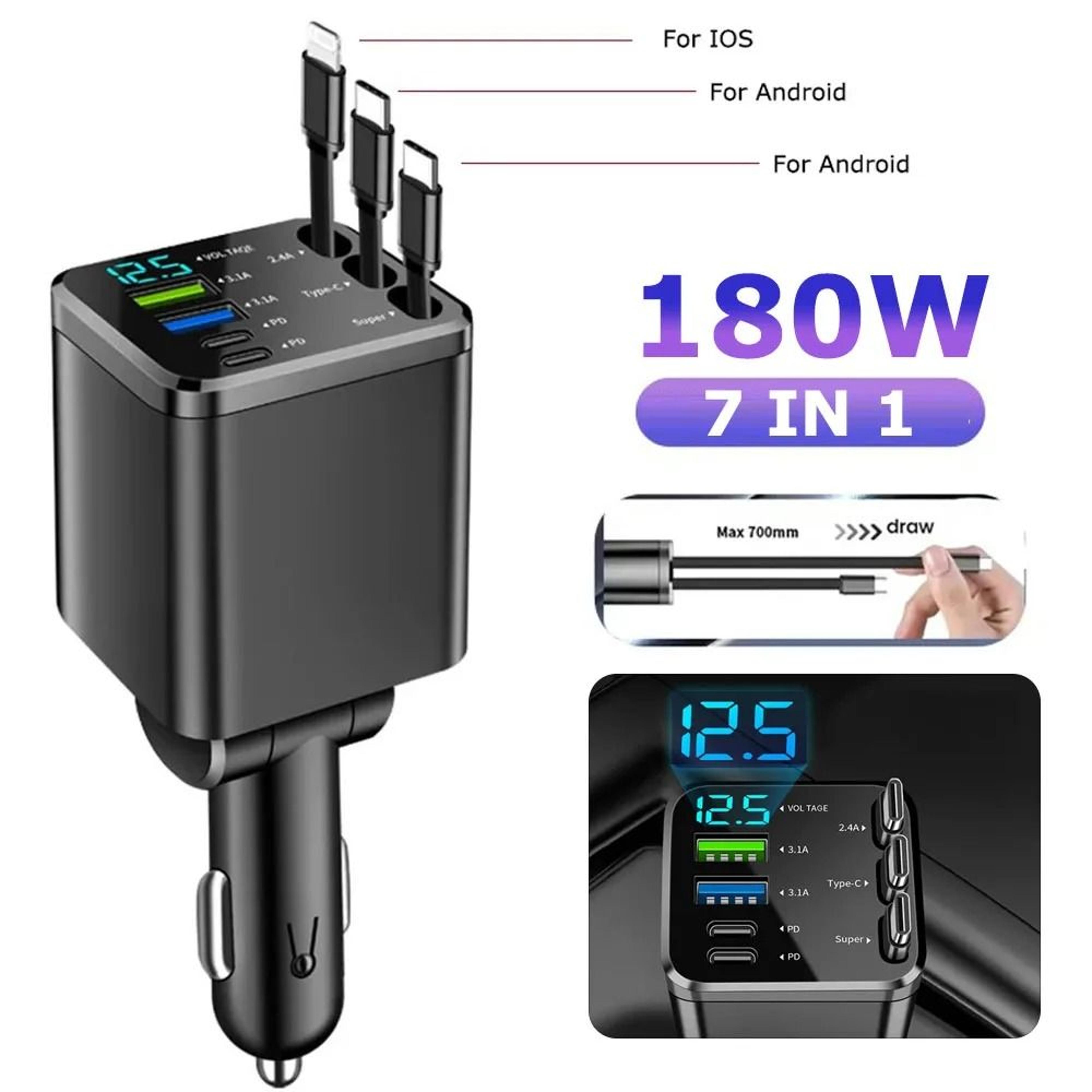 car charger with retractable cable and fast charging power display