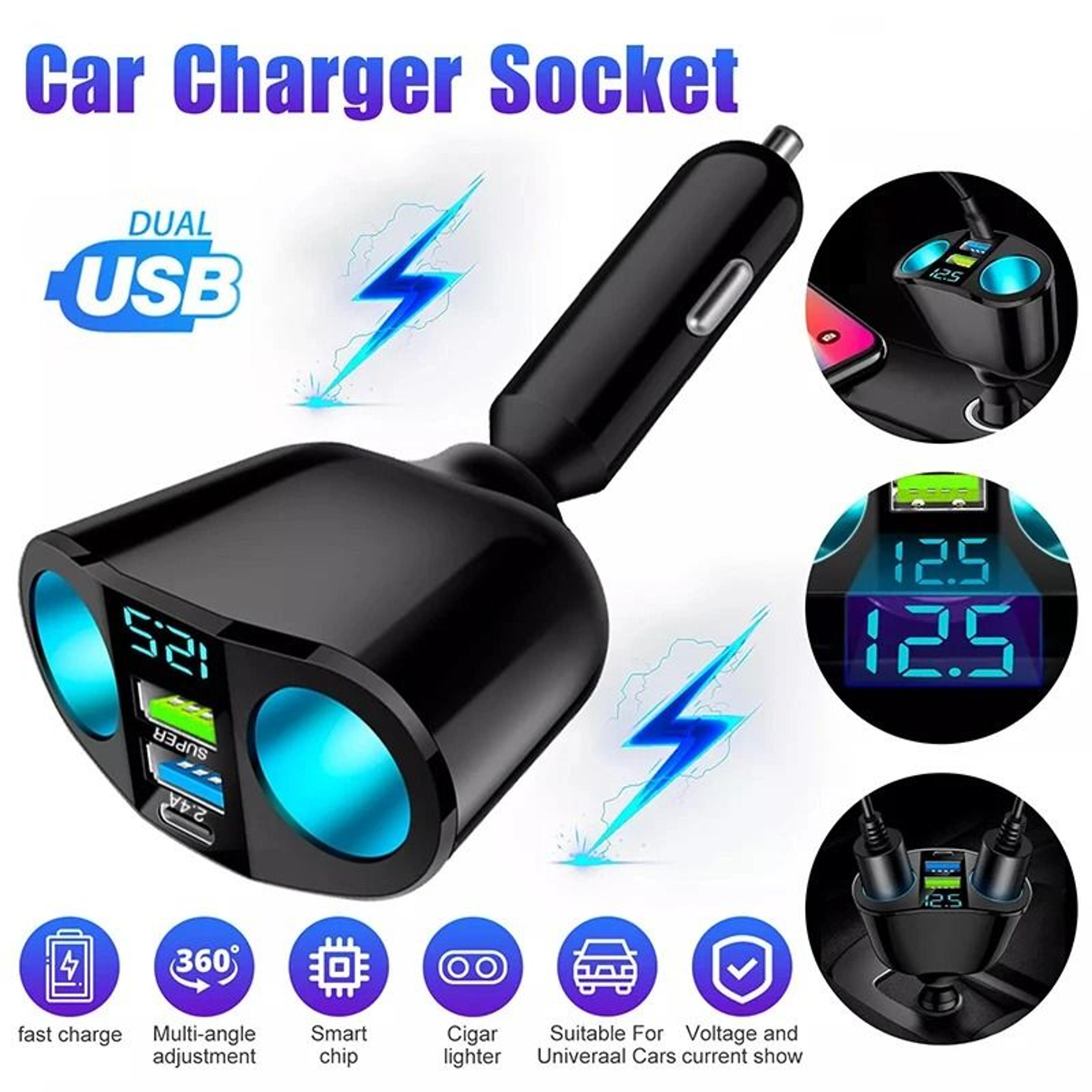dual-port car charger adapter with digital display for multiple devices