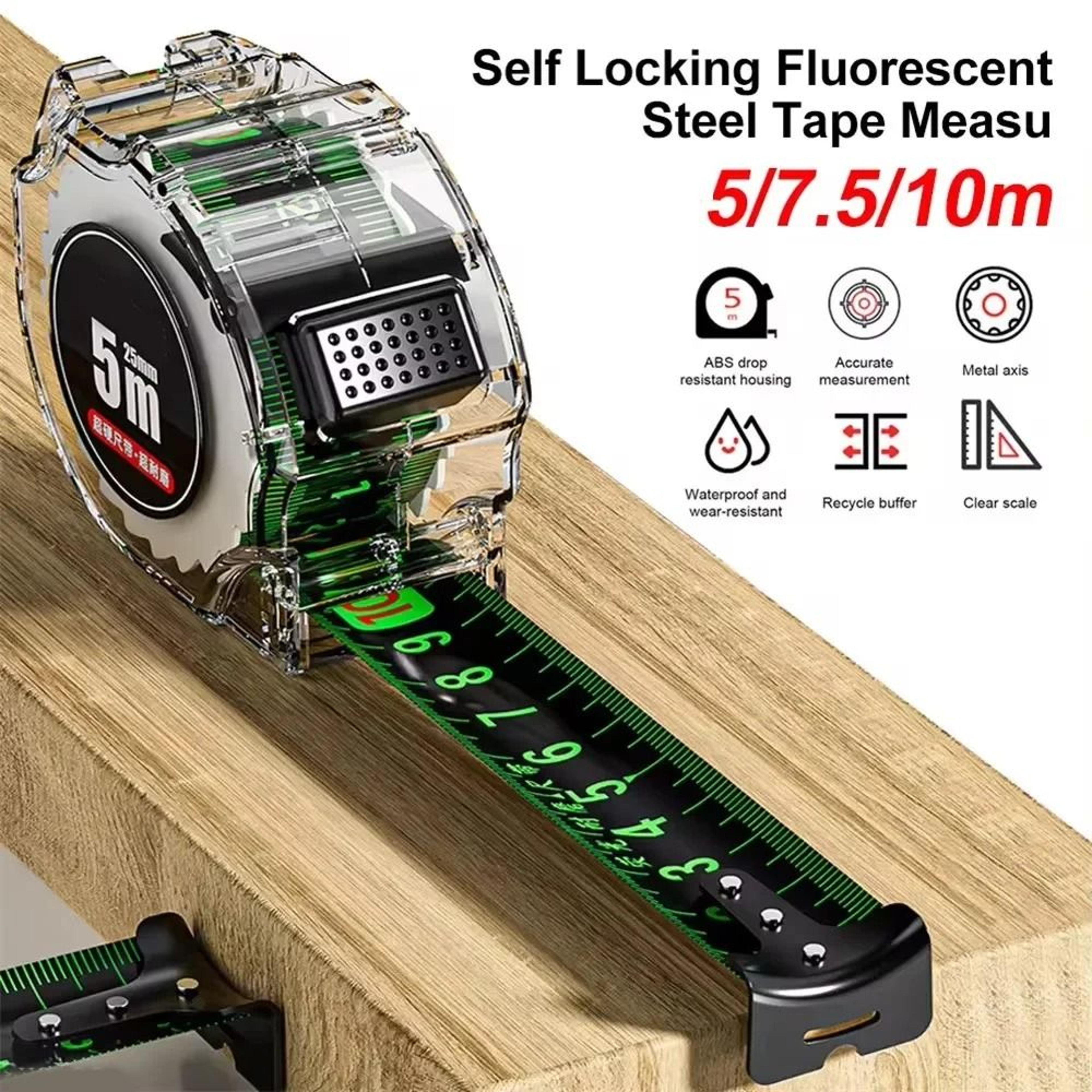 high precision self locking tape measure wide fluorescent blade in multiple lengths