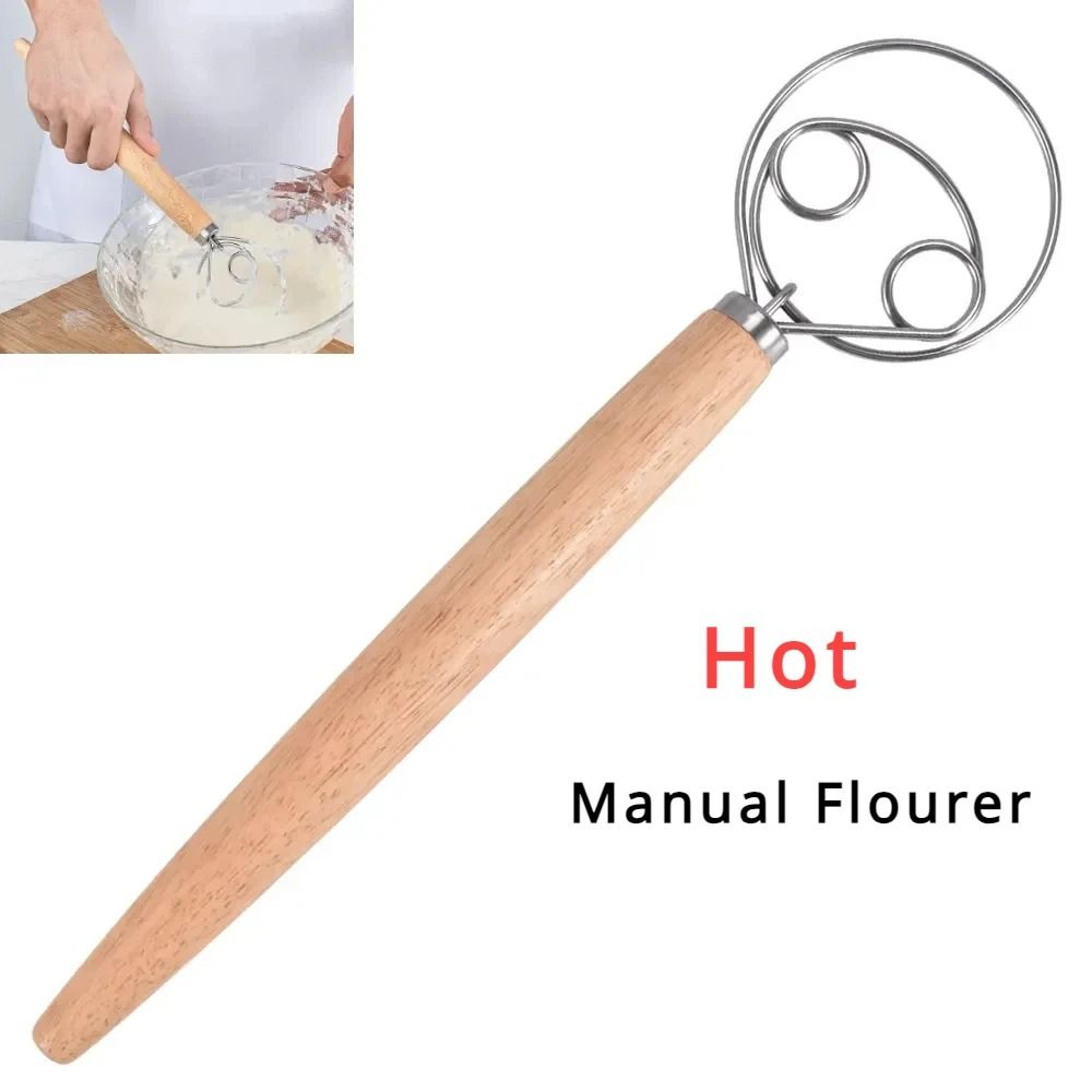 stainless steel danish dough whisk with wooden handle