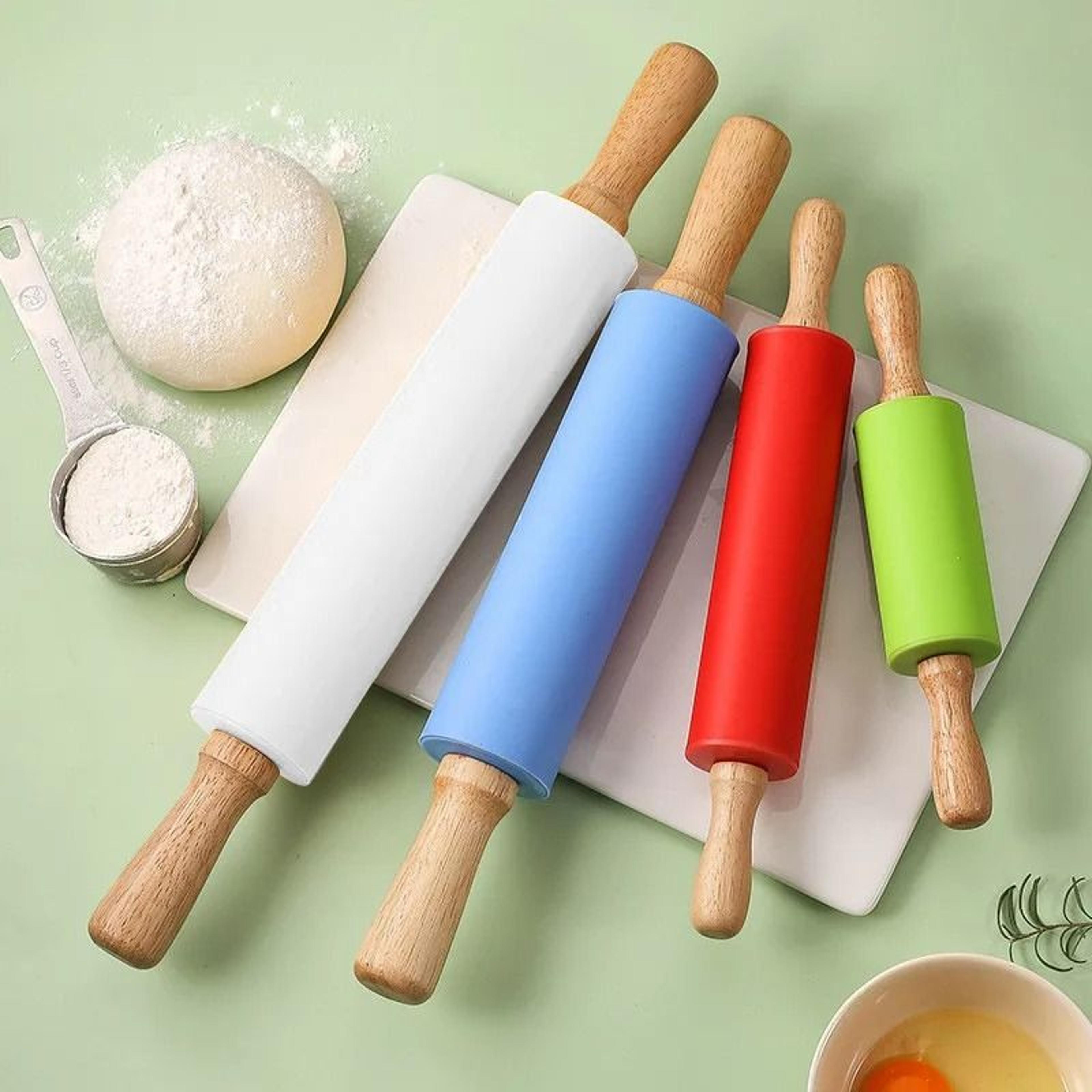 non-stick silicone rolling pin with wooden handle for baking