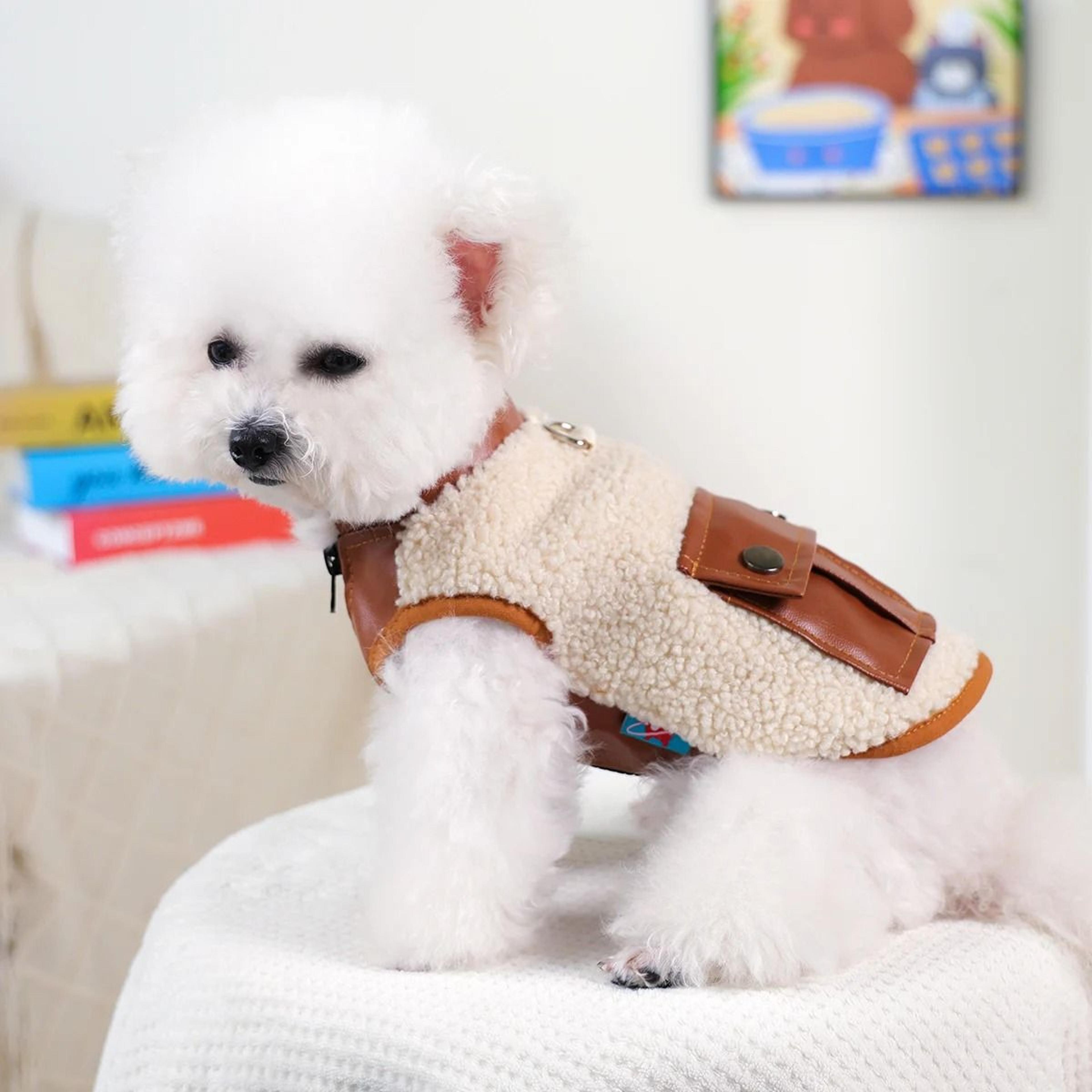 cozy lamb wool pet vest with leather style pocket for autumn and winter warmth