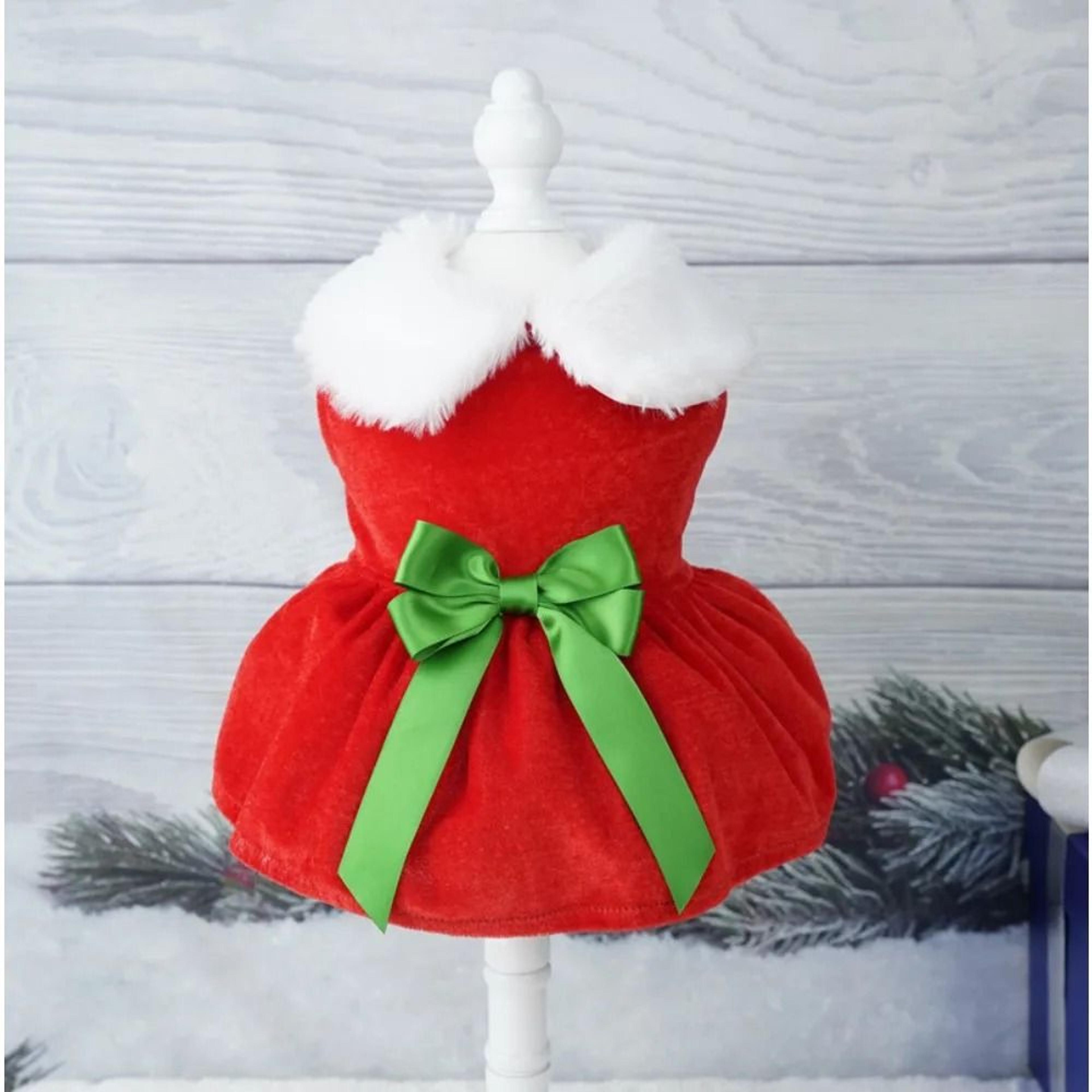 festive christmas red dress for dogs and cats with warm bow frock design
