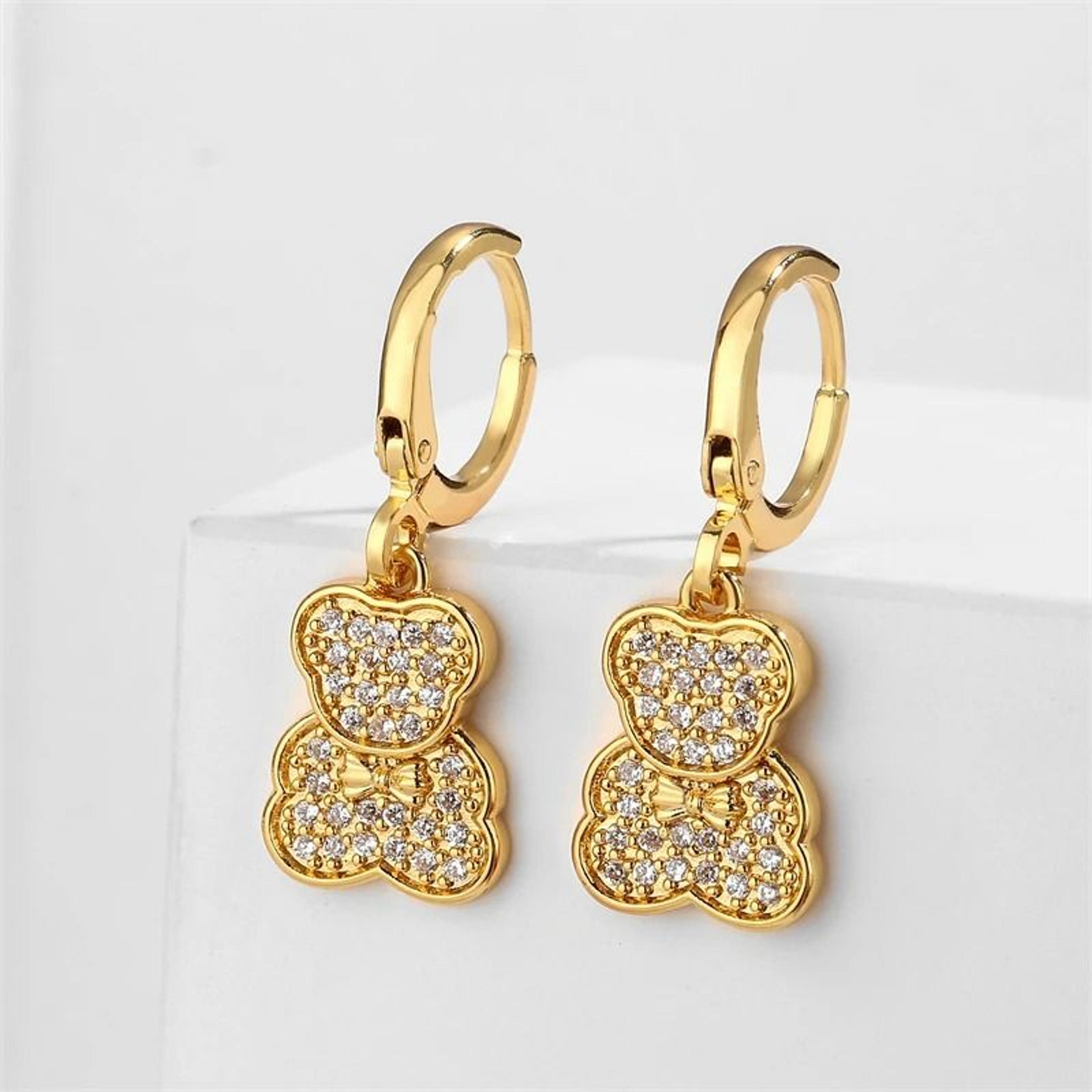 zircon teddy bear drop hoop earrings for women and girls