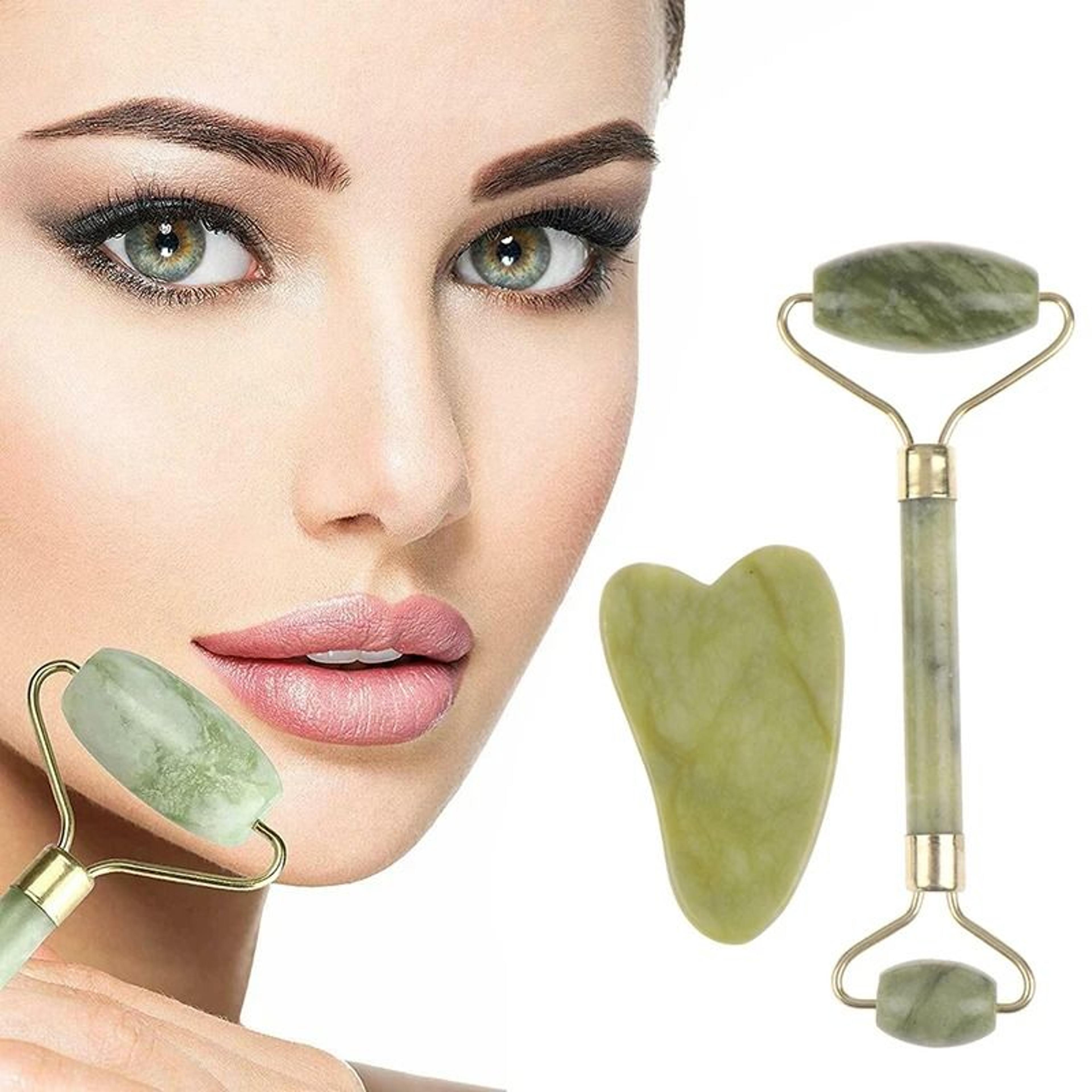 natural rose jade facial roller and gua sha set