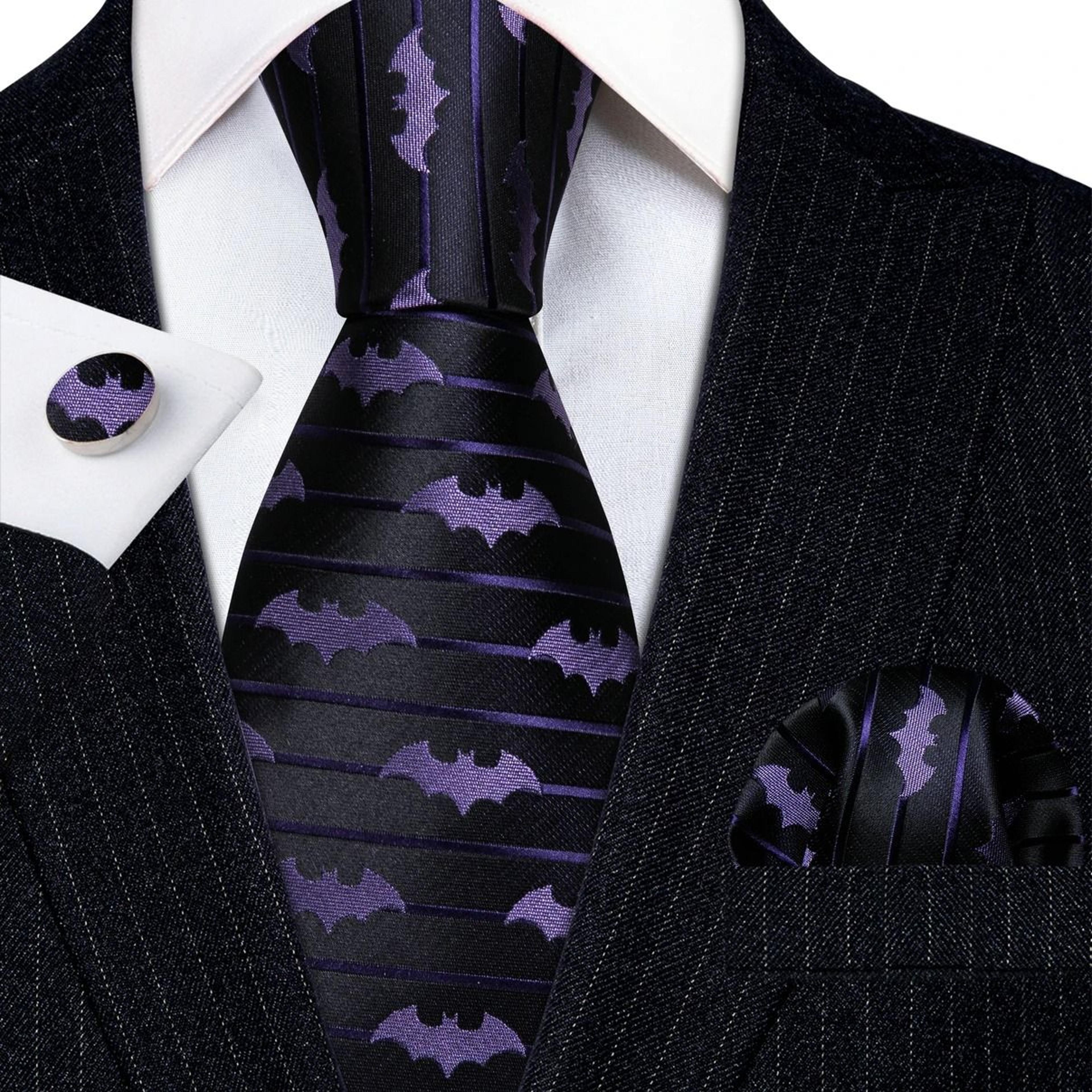 stylish purple silk tie set for men with pocket square and cufflinks for formal occasions