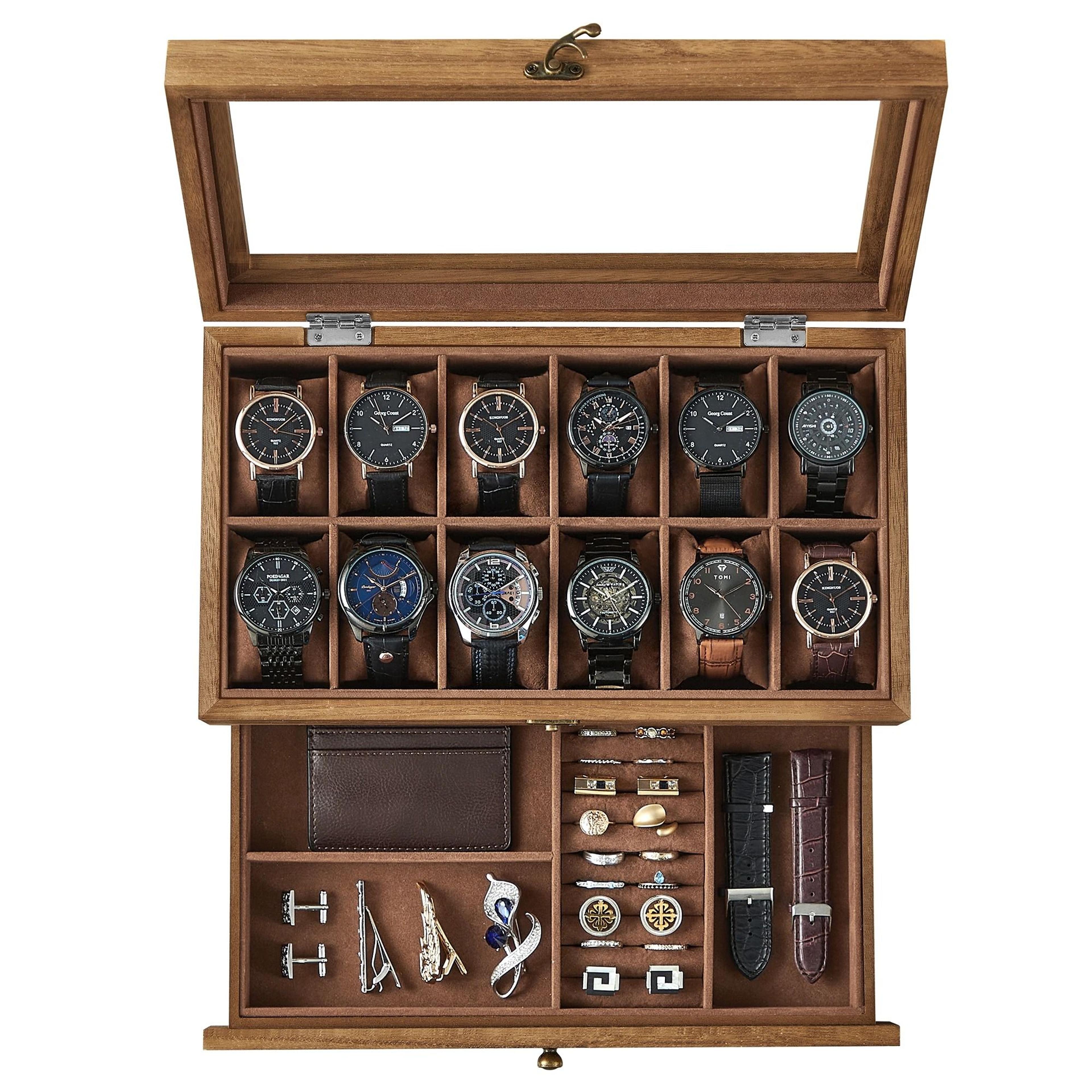 premium two tier watch display case with clear lid and velvet lining