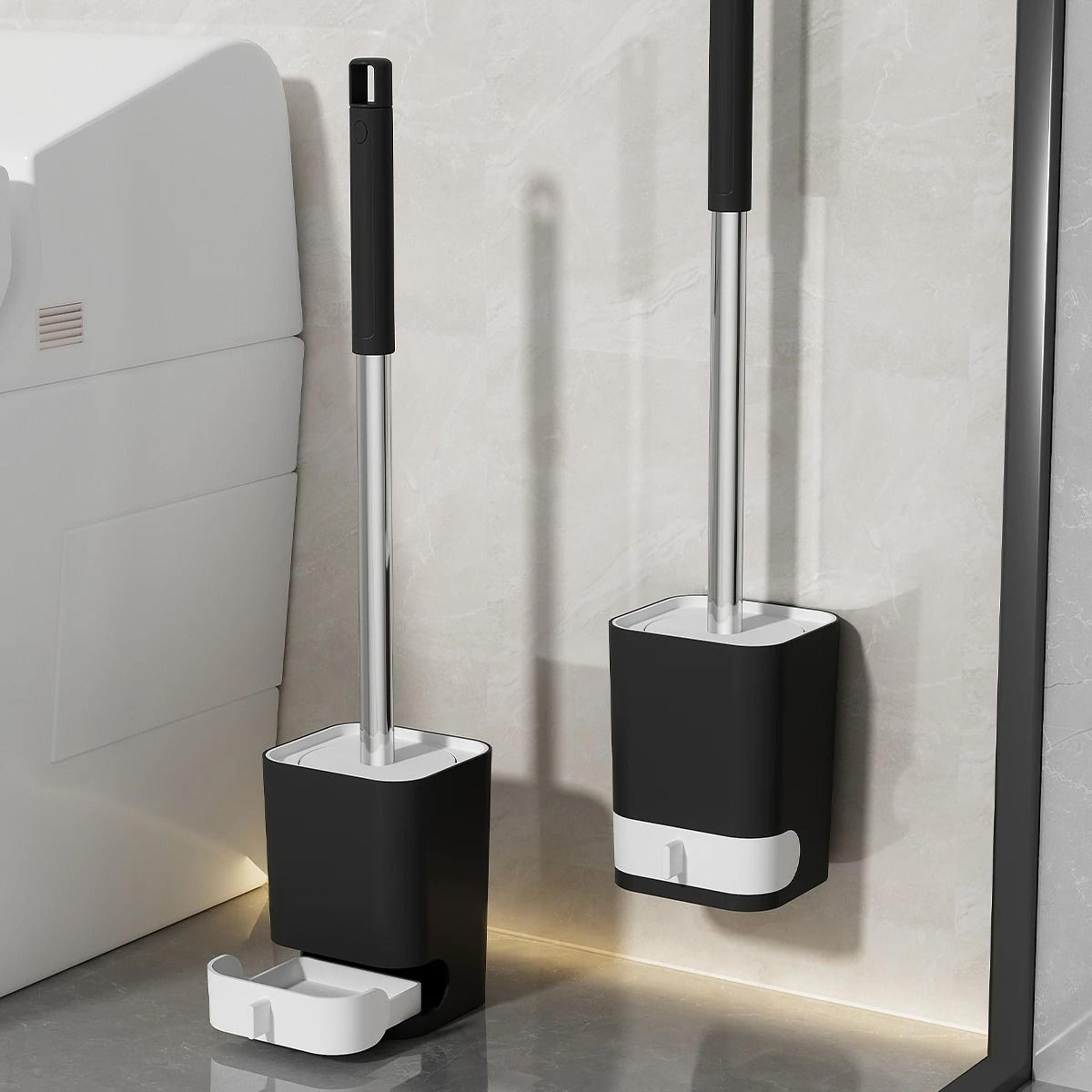 long handle toilet cleaning brush with drainable base and wall mount