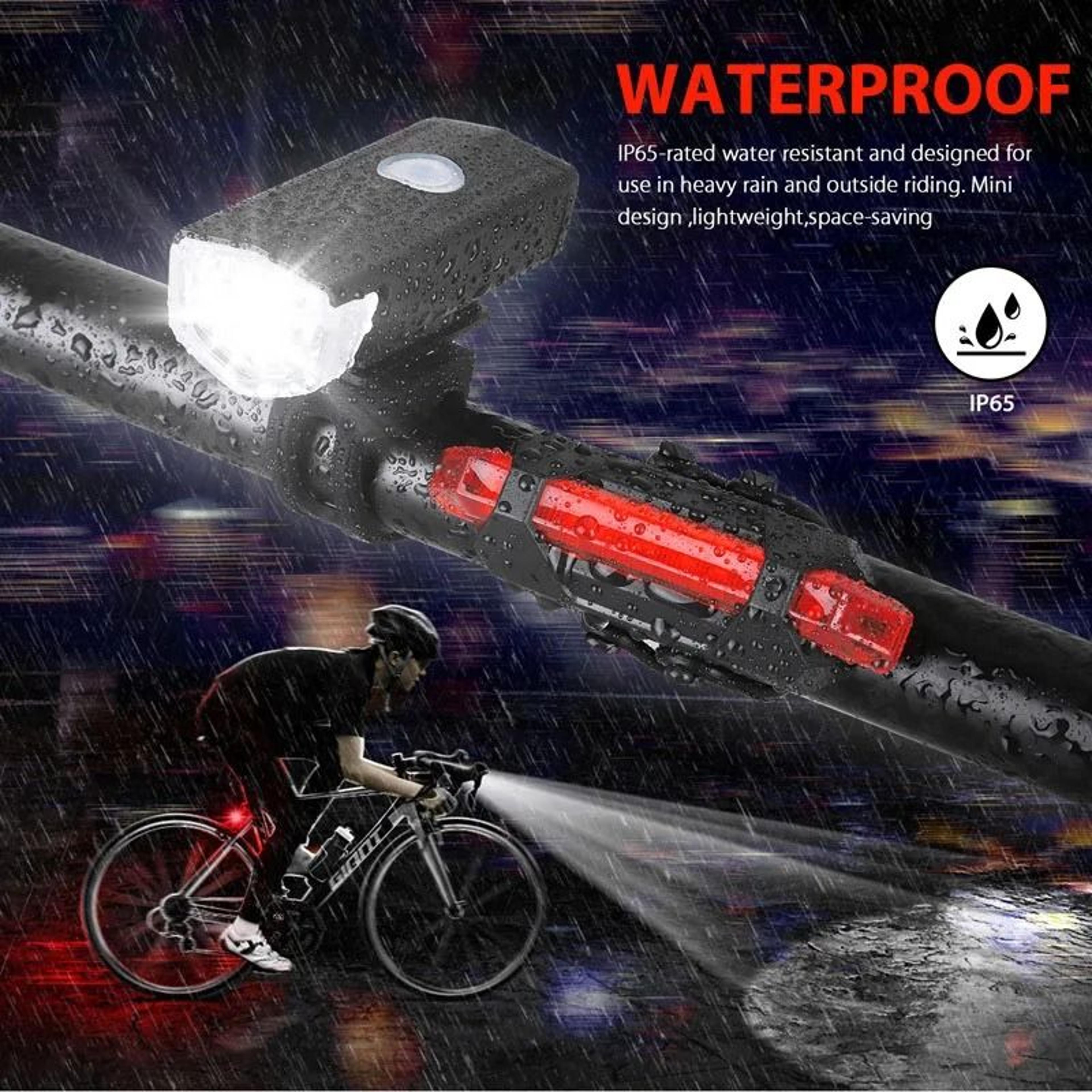 usb rechargeable bike light set with front headlight and rear taillight