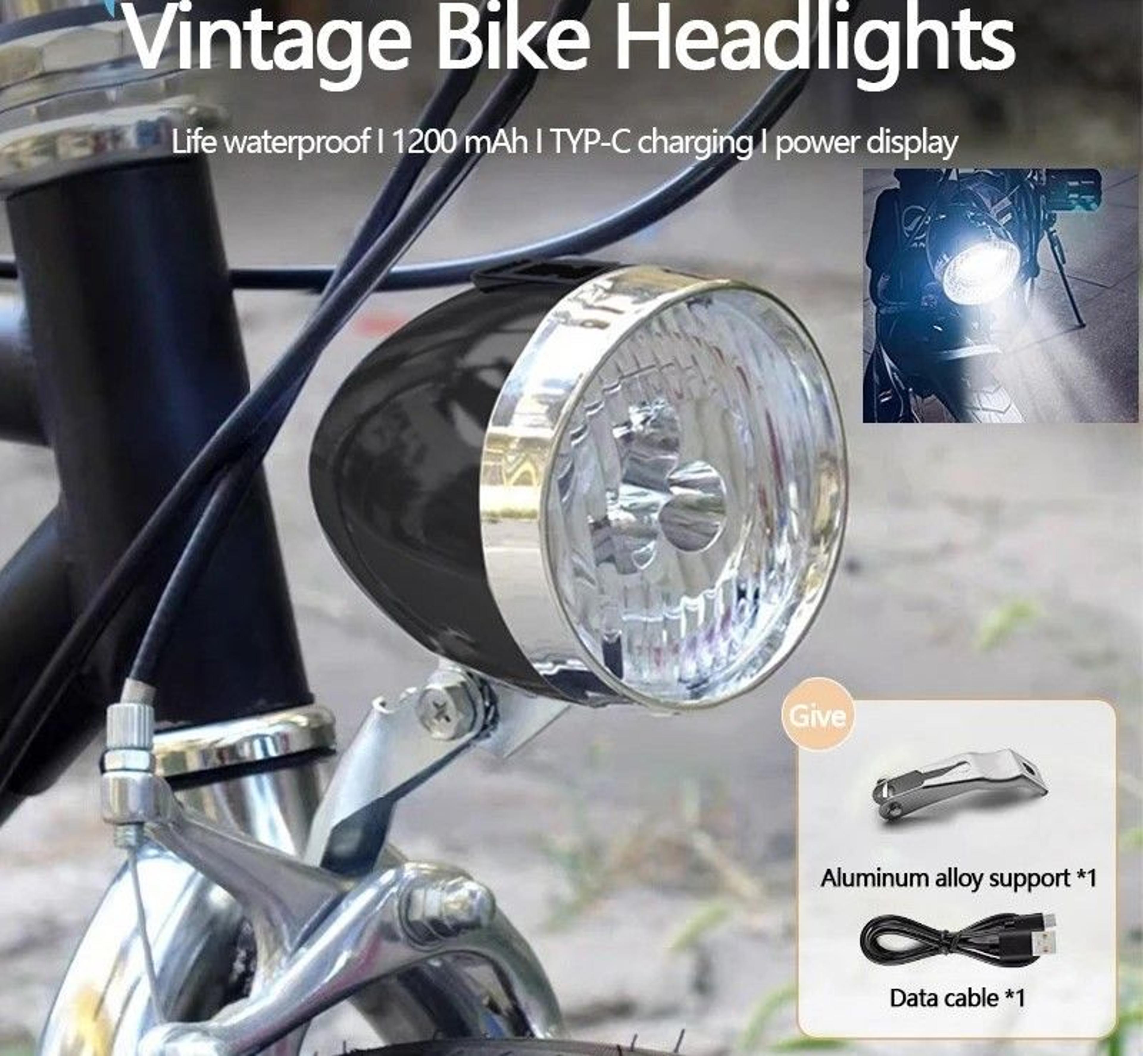 retro style usb rechargeable bicycle front light with three led