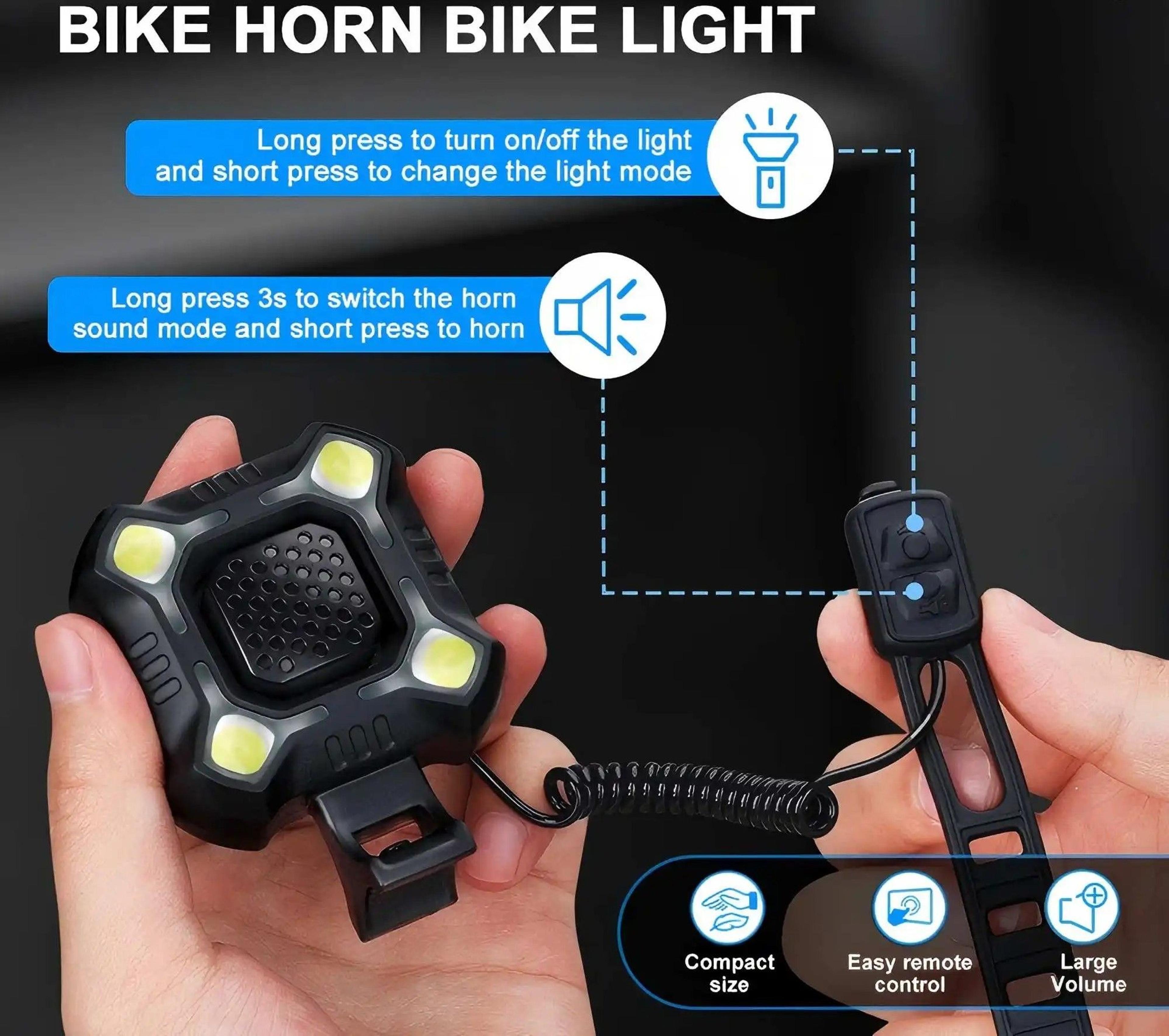 usb rechargeable bike light with electronic bell and horn cycling safety headlight