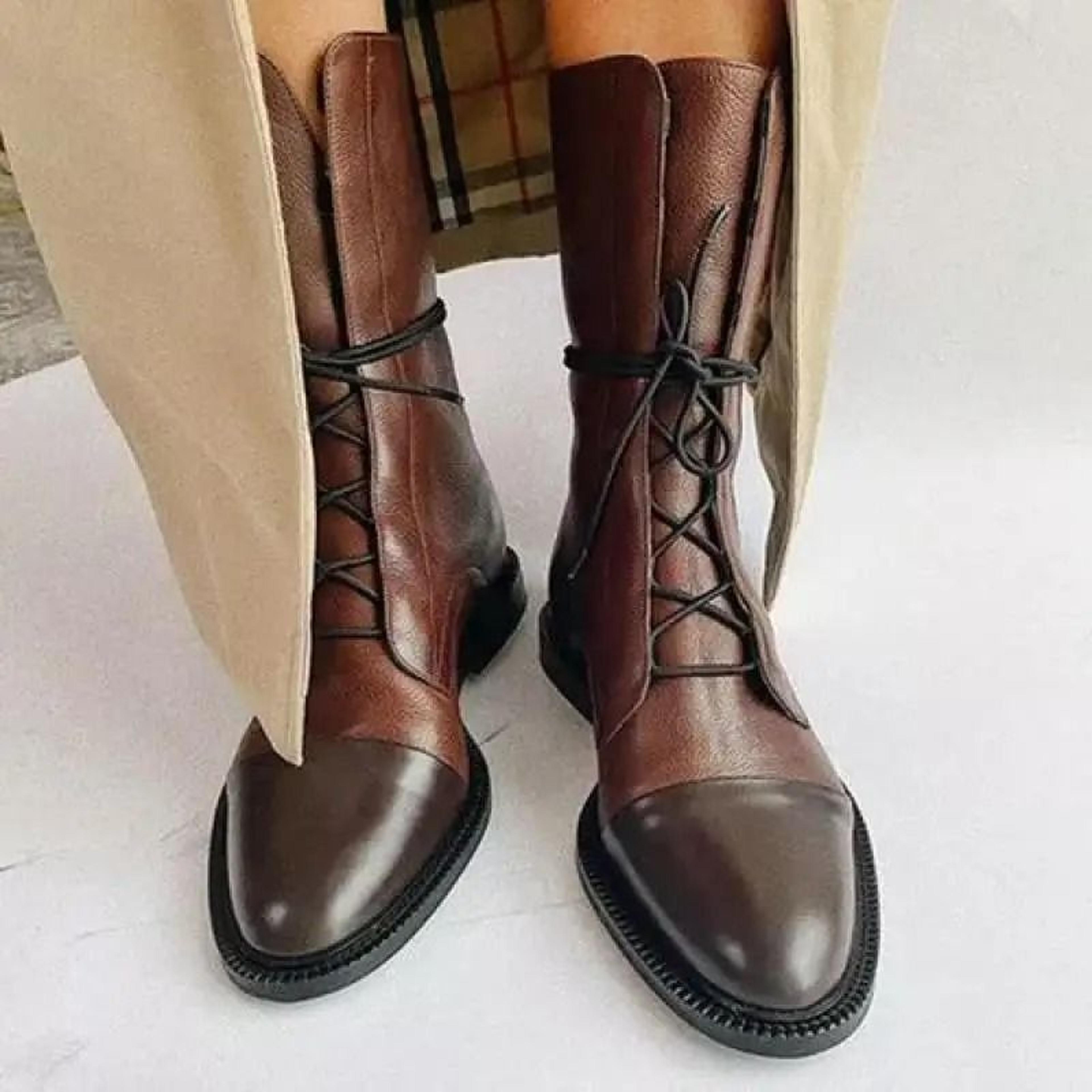 round toe women leather lace up anti slip comfortable booties
