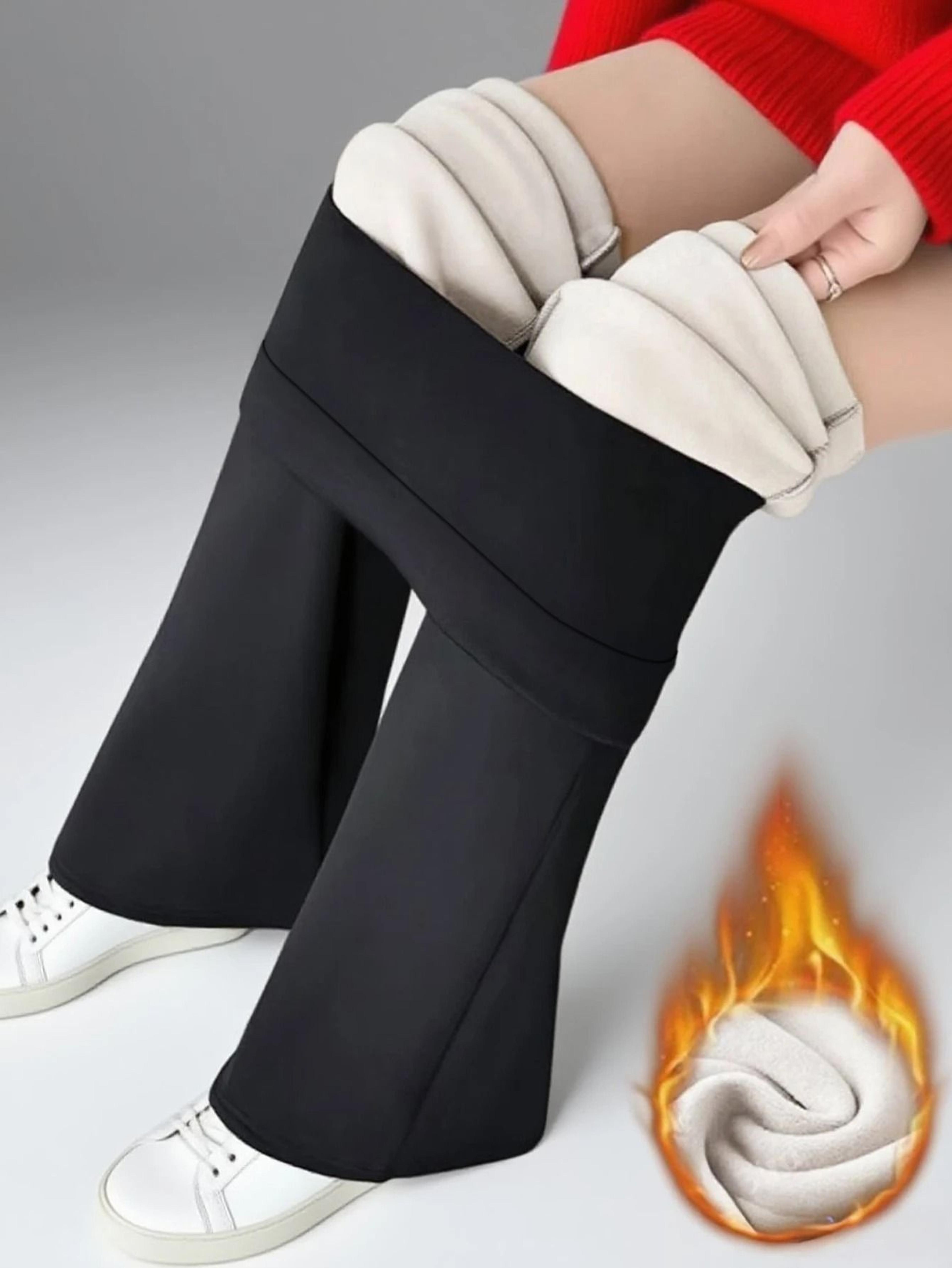 thermal wool lined high waist bell bottom pants thick winter plush flare leggings