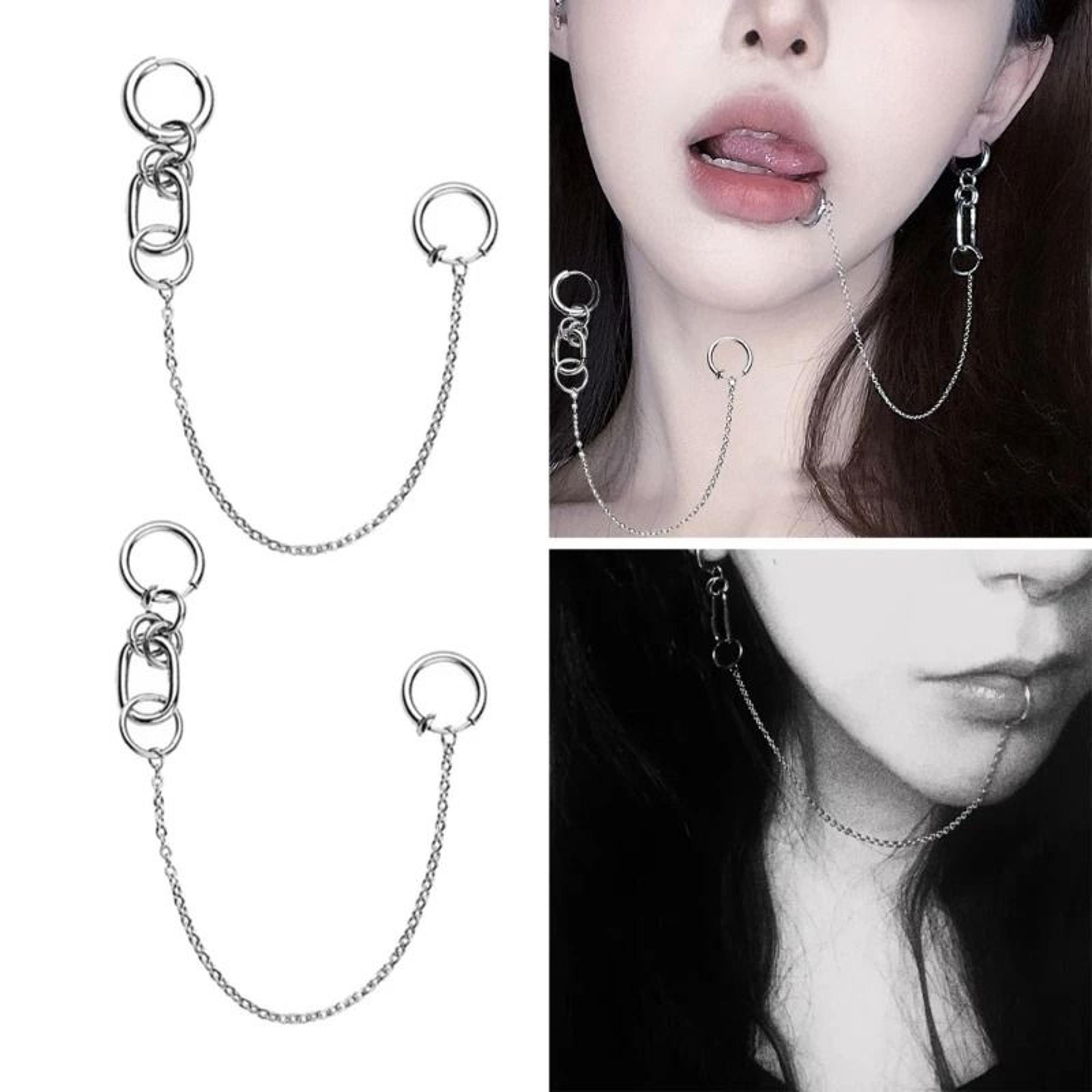 metal clip on chain earrings and lip ring