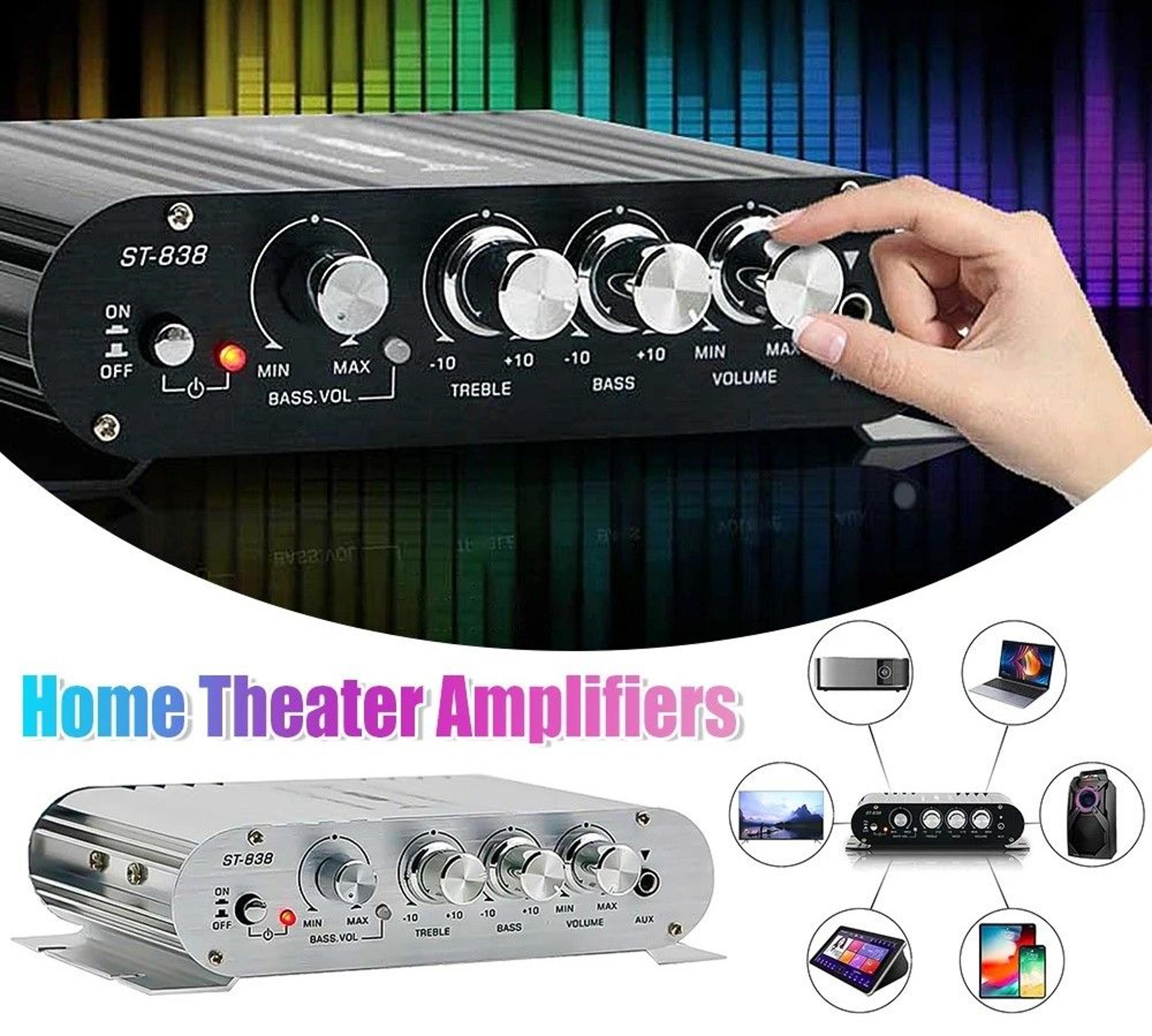 2.1 channel hifi audio amplifier with adjustable bass and treble for car and home