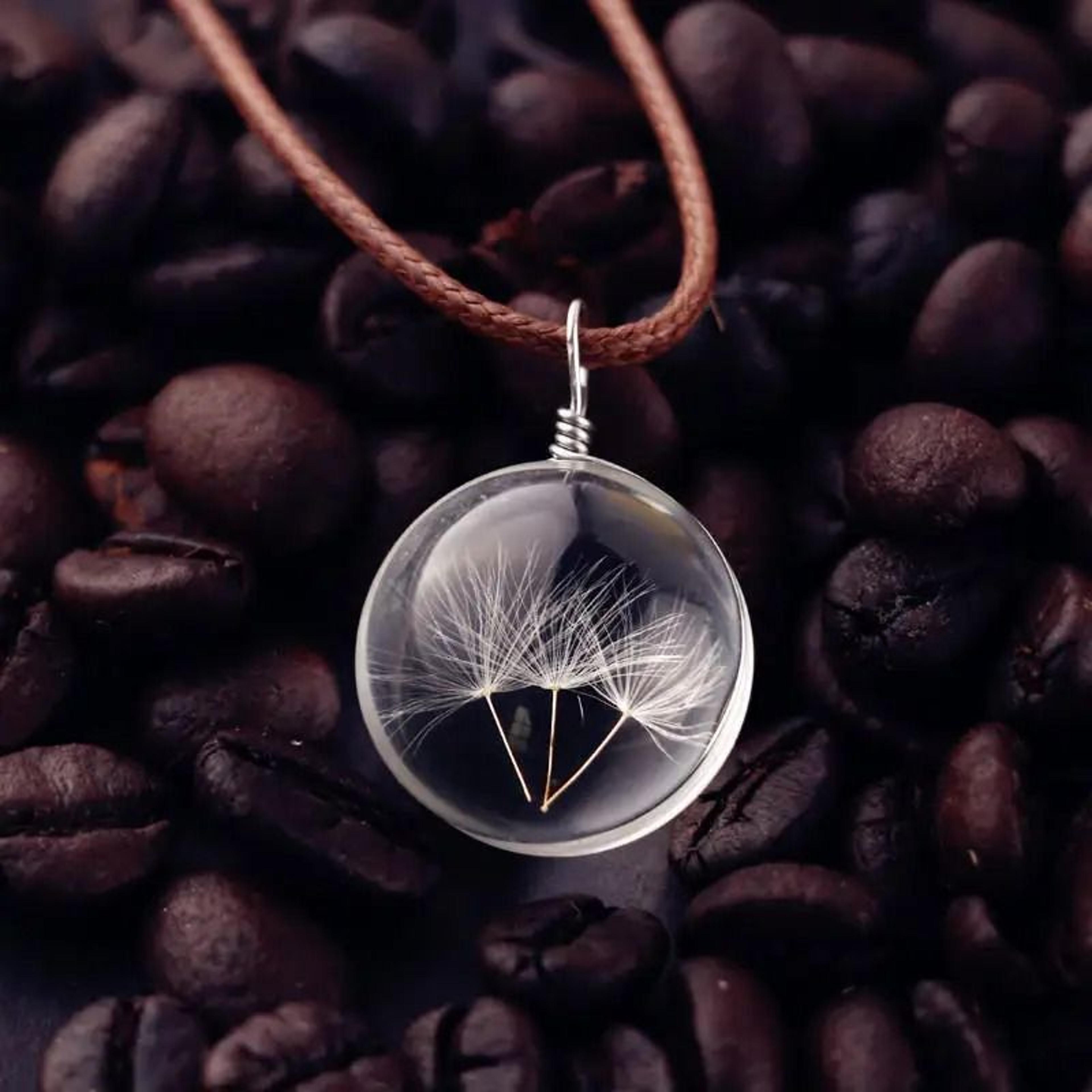 round dandelion pendant necklace with transparent glass charm
