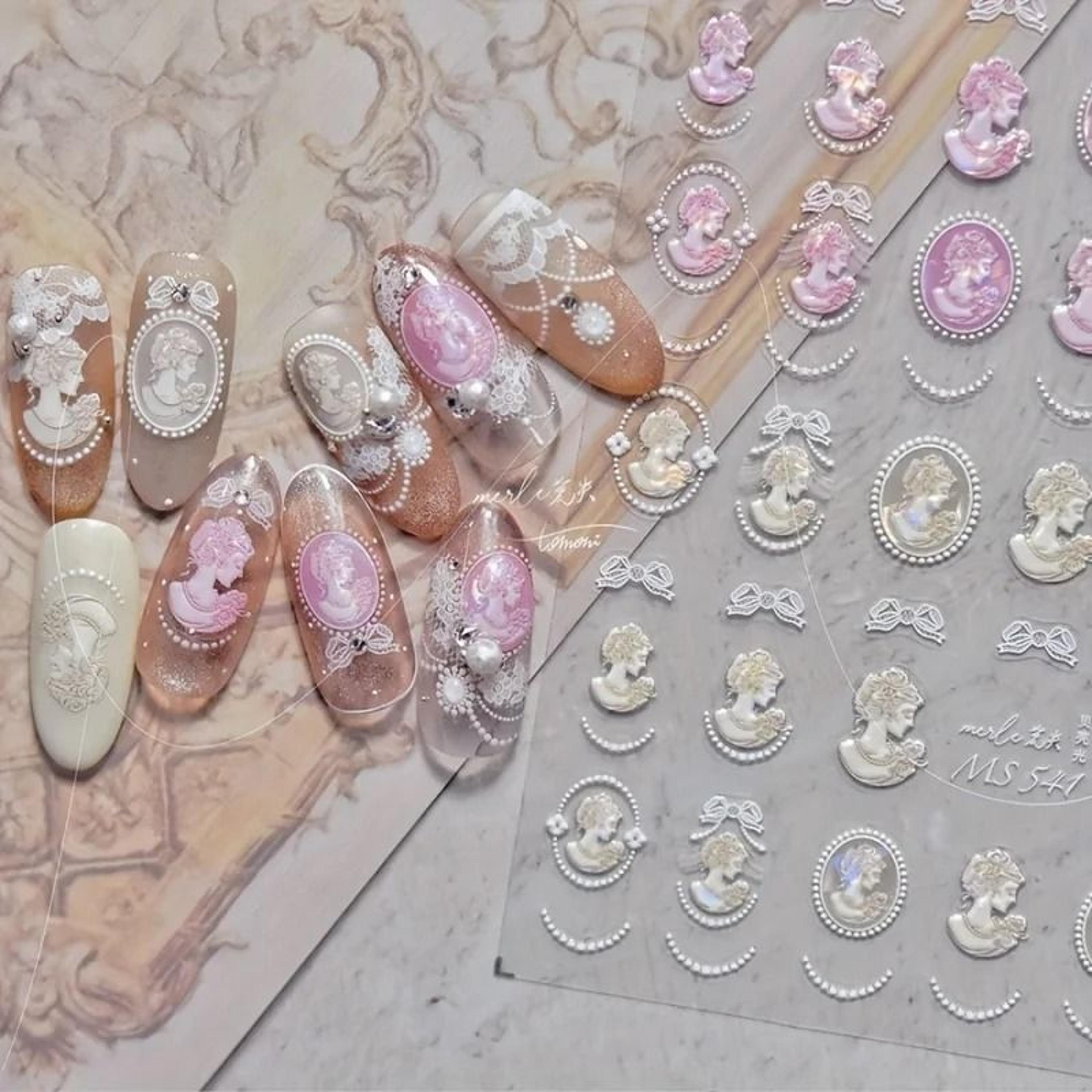 baroque pearl nail stickers with iridescent shell and lace pattern
