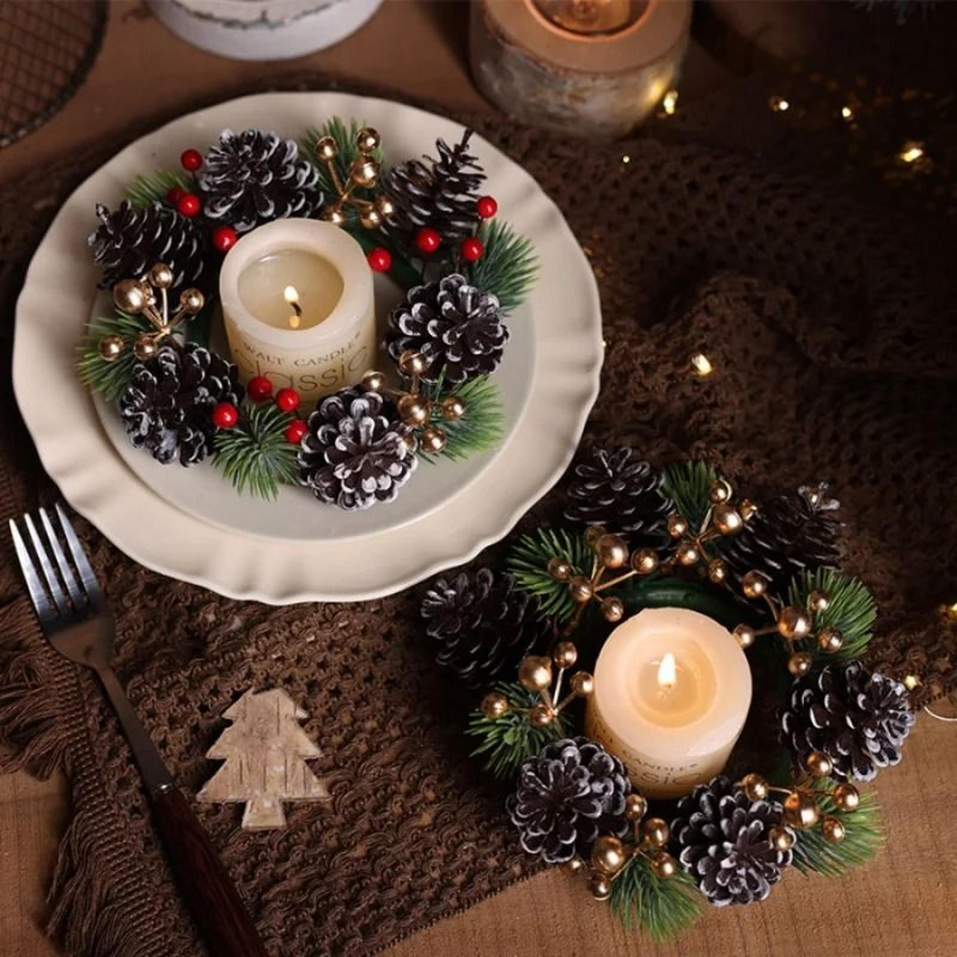 christmas candle holder wreath with pine cones and berries decoration