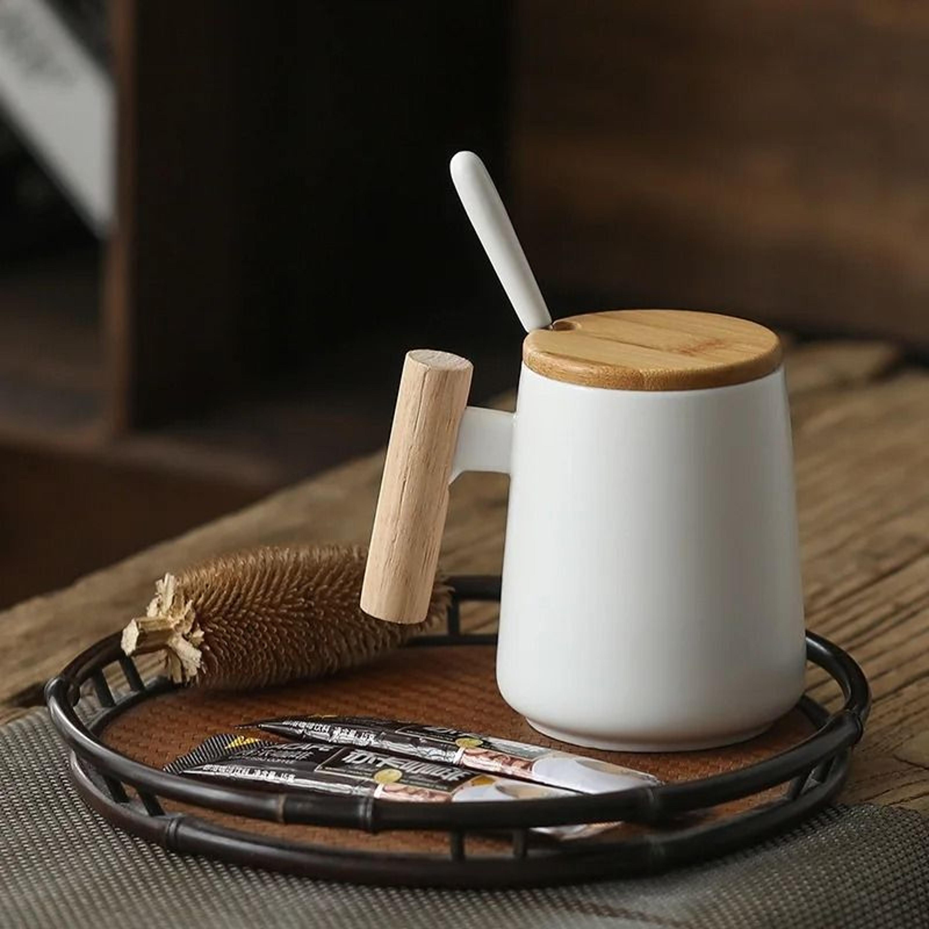 vintage nordic wooden handle ceramic infusion mug