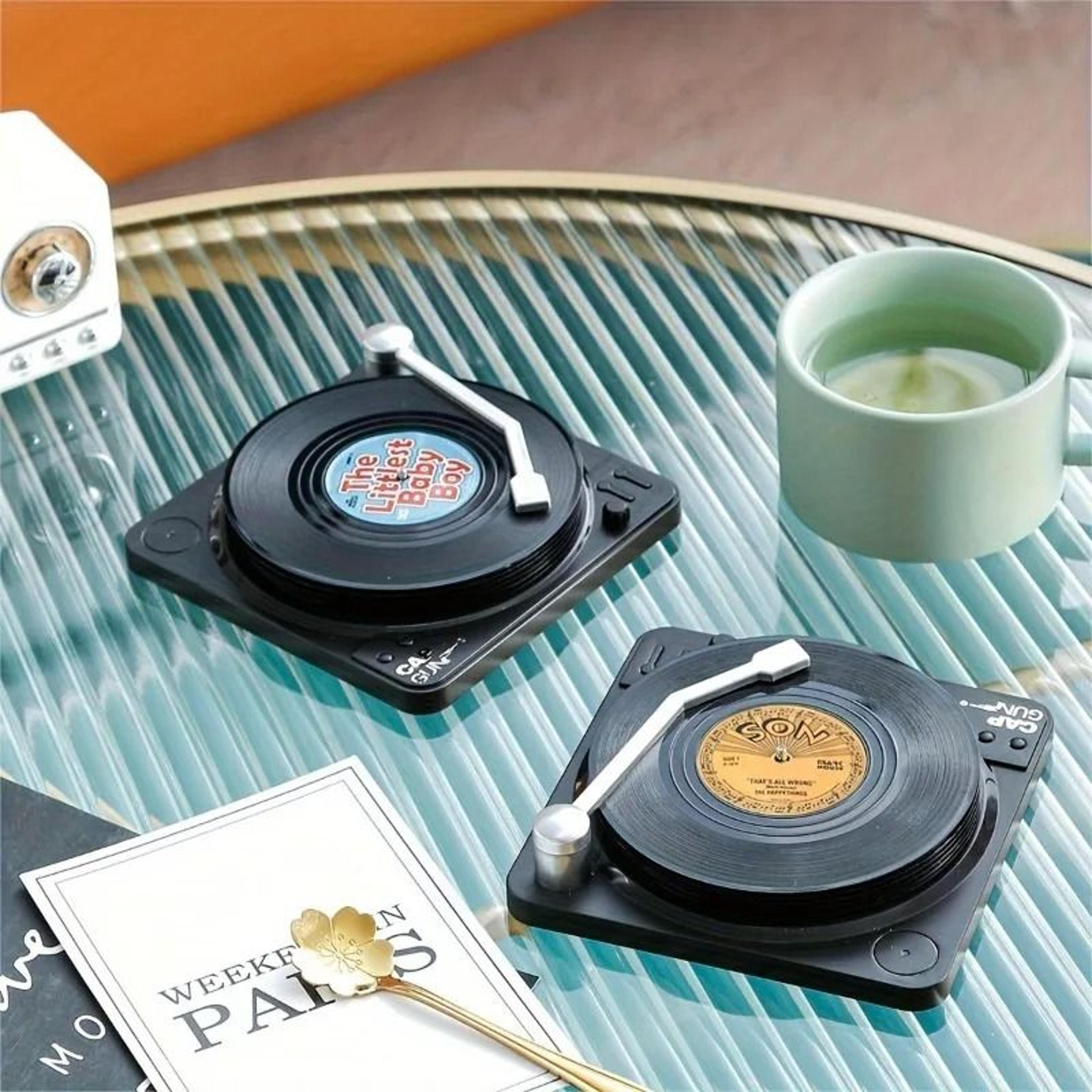 6 piece retro vinyl record coaster set with storage rack