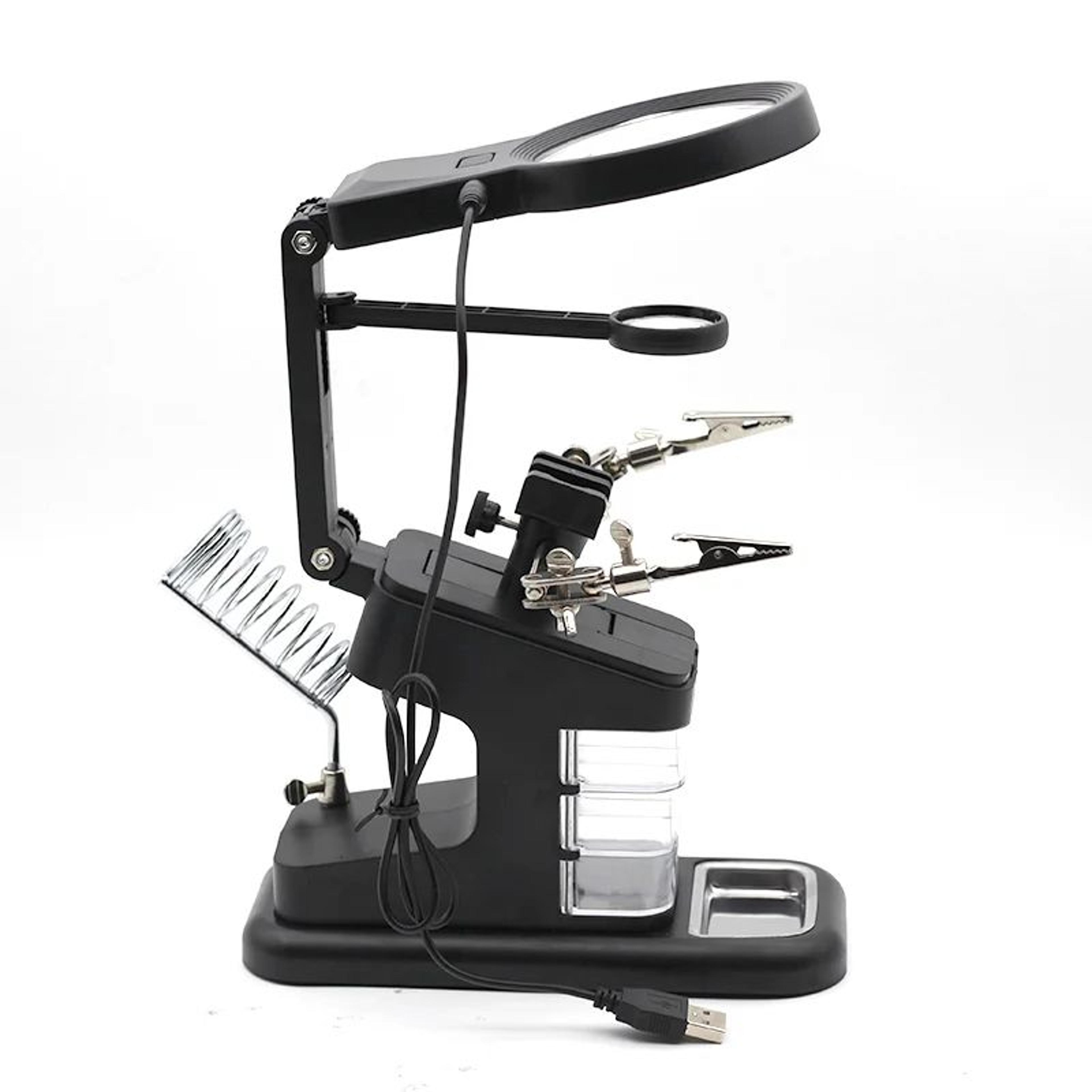 led light magnifying glass soldering stand with adjustable clips