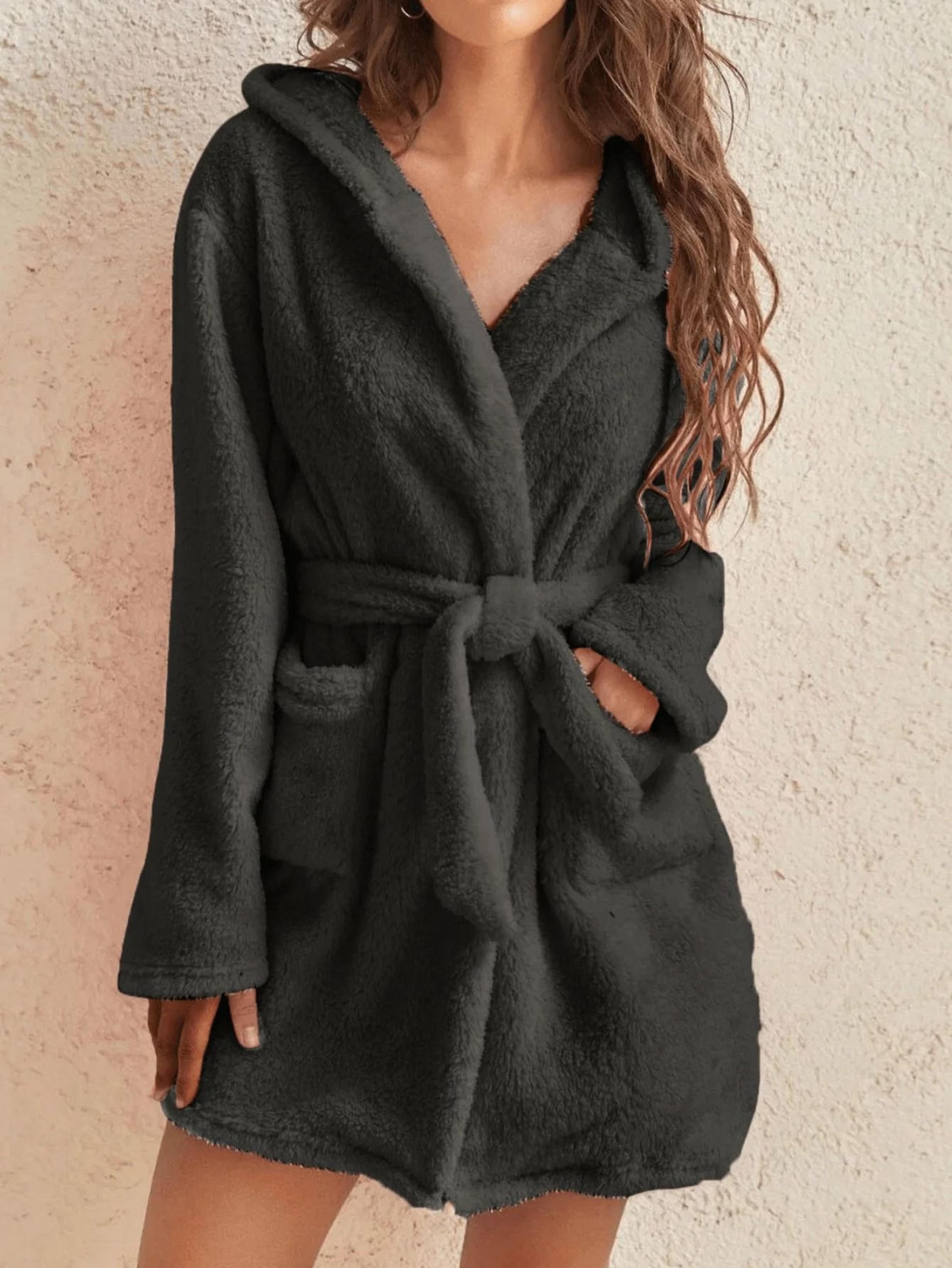 women's cozy hooded solid color fleece robe
