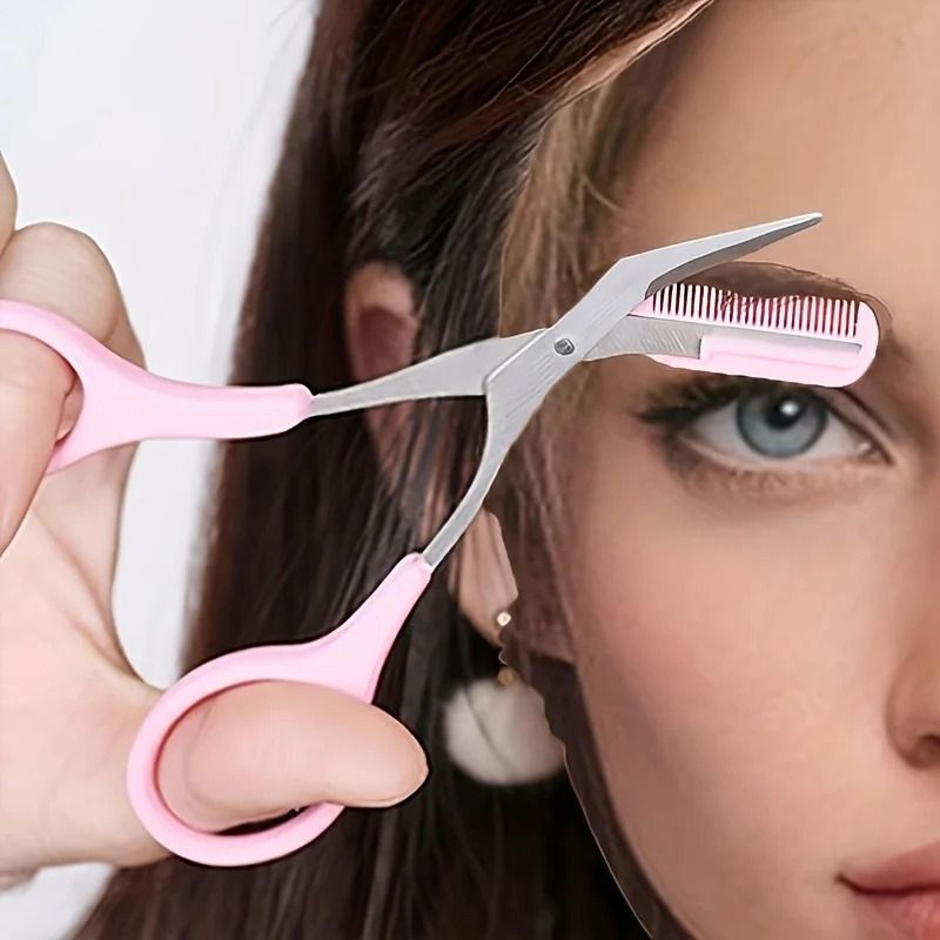 pink precision brow sculpting scissors with integrated comb
