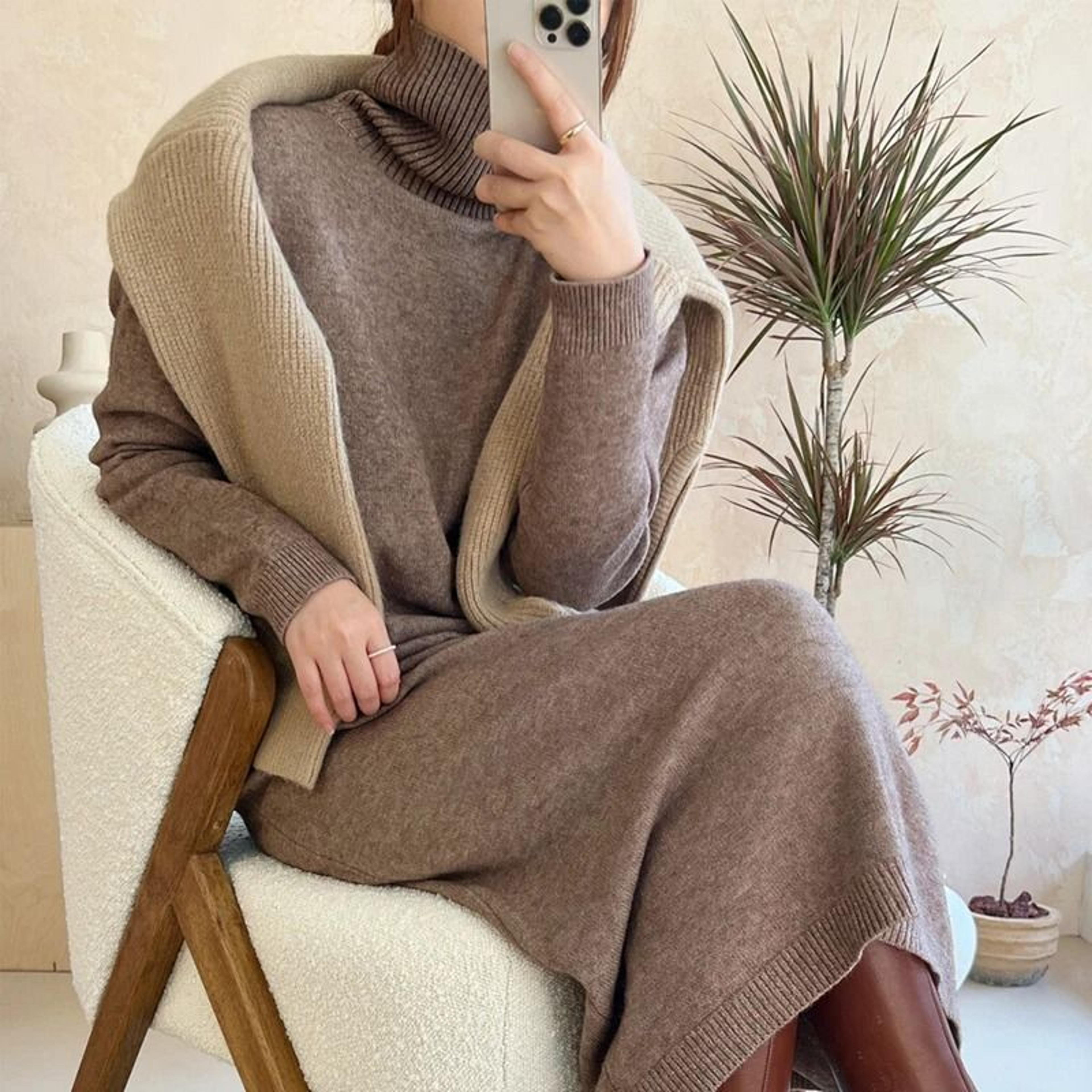 japanese inspired oversized turtleneck knit maxi dress