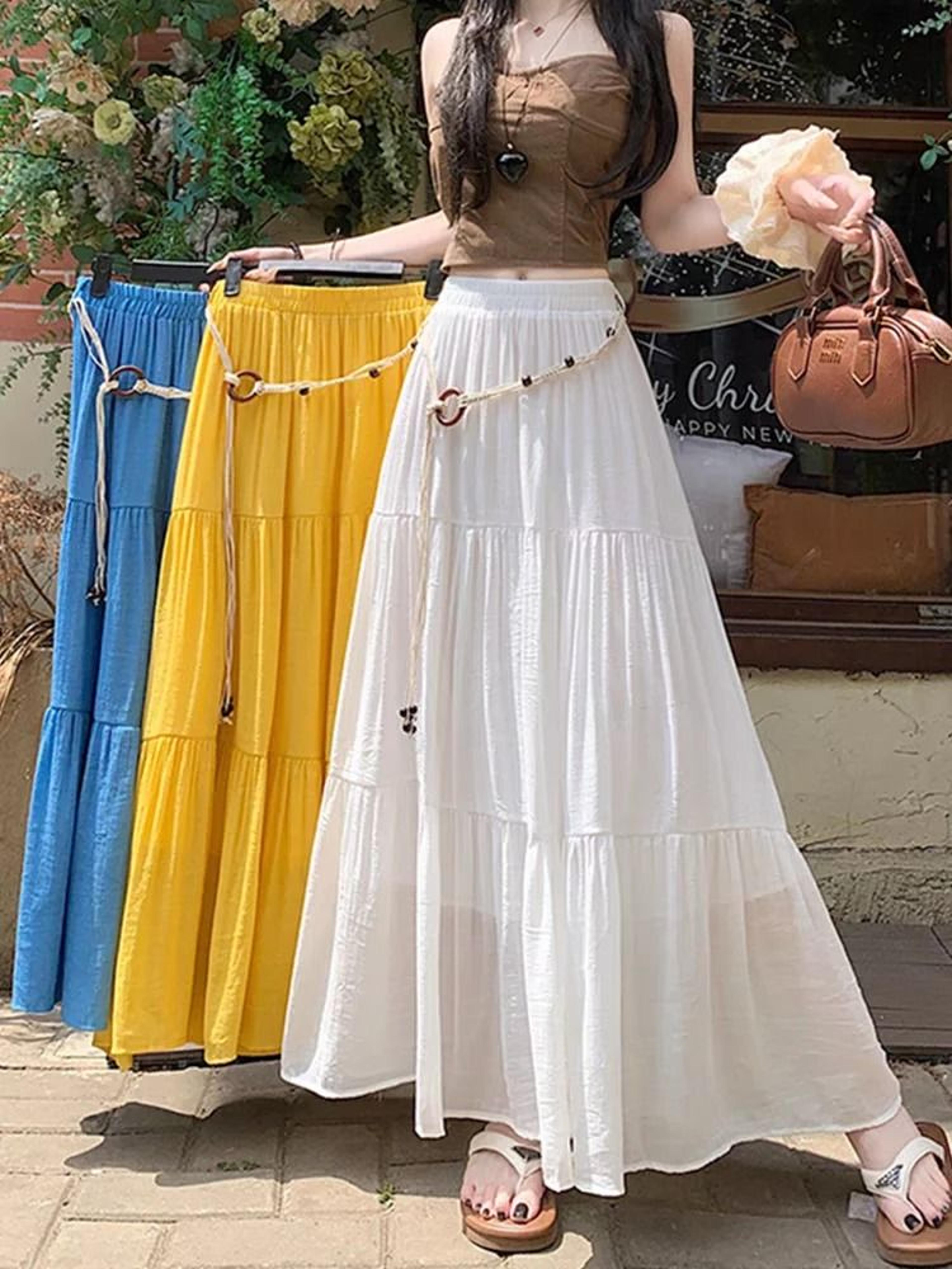 boho cotton linen slimming midi skirt