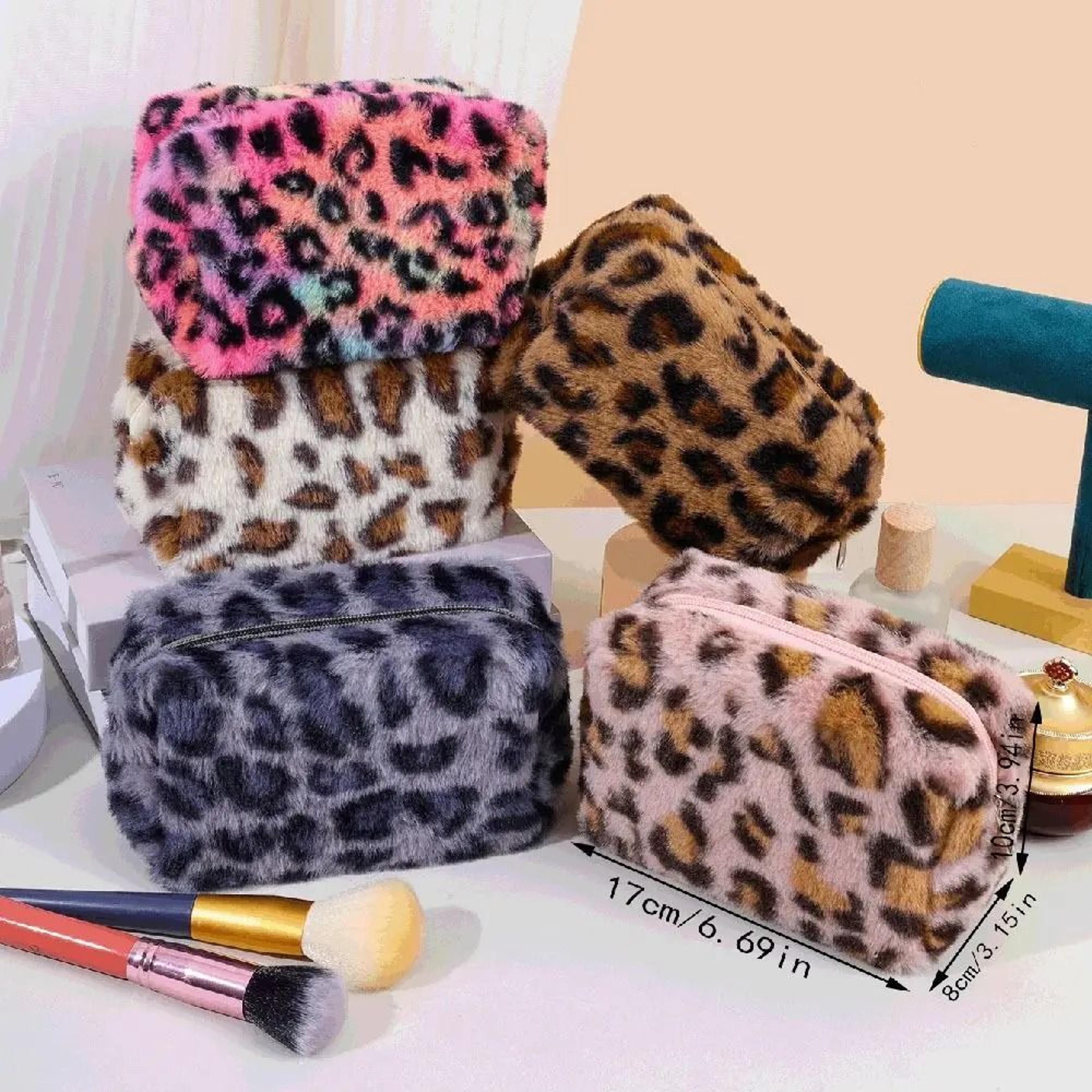 plush leopard print large capacity makeup bag