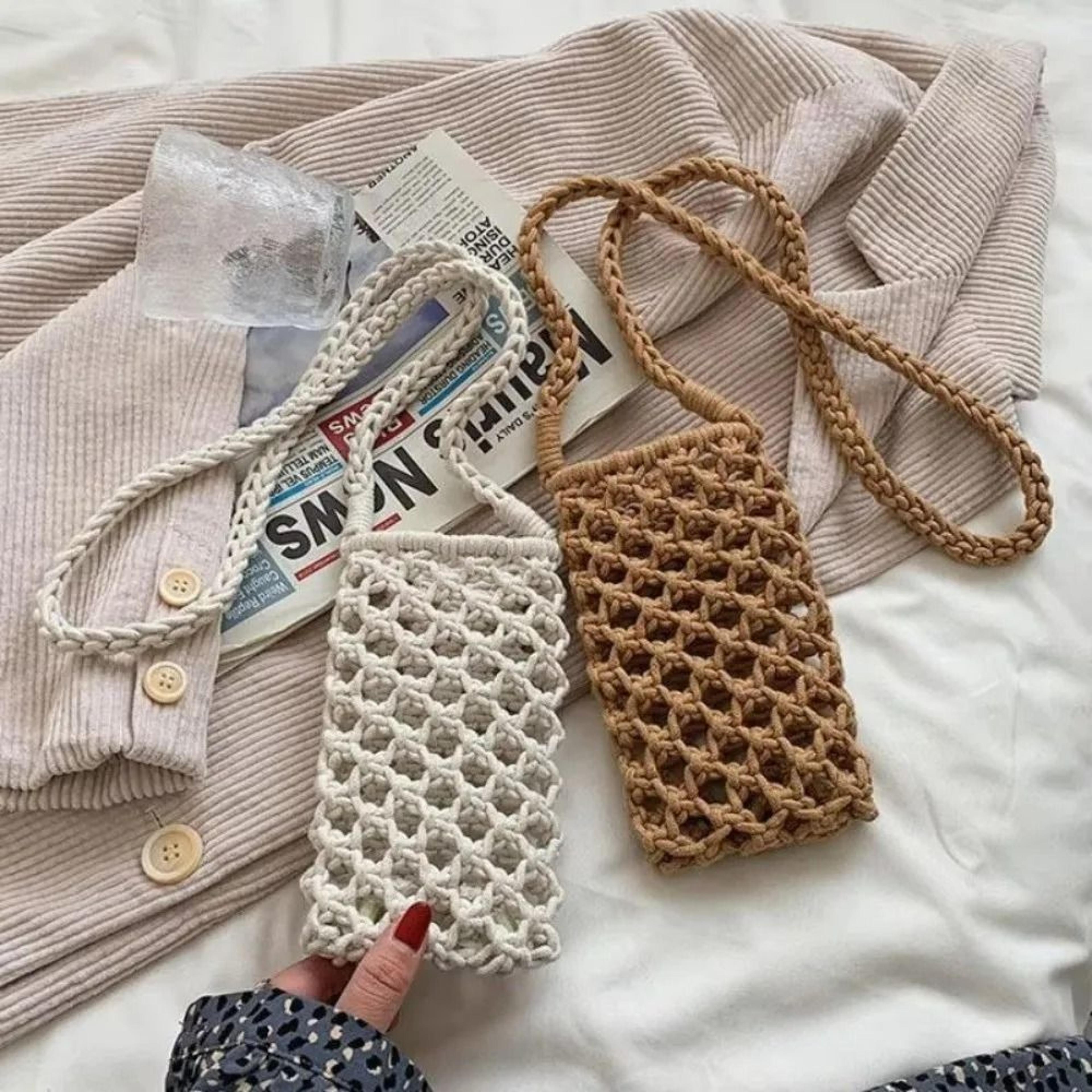 hollow out woven crochet phone crossbody bag
