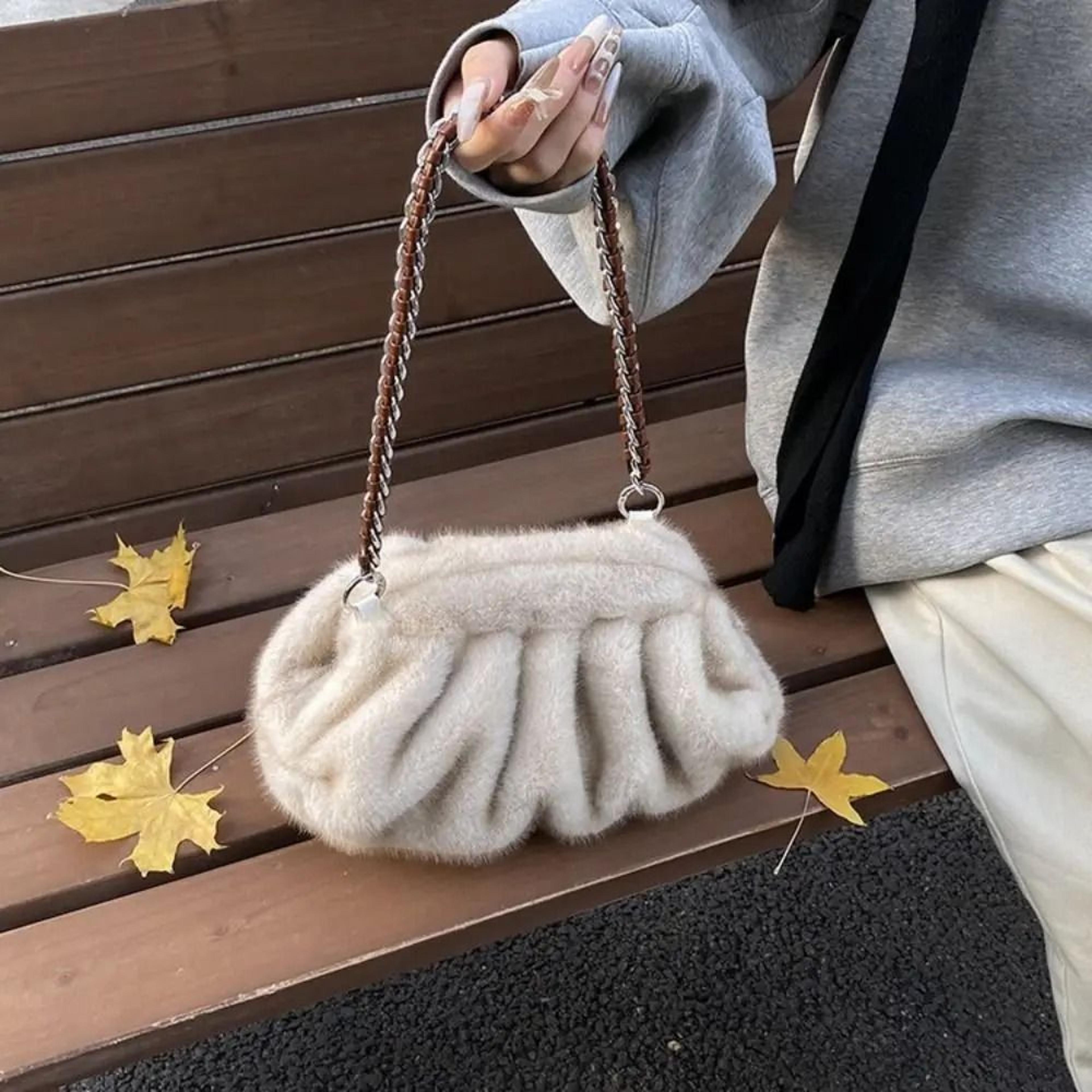 trendy soft faux fur pleated hobo bag