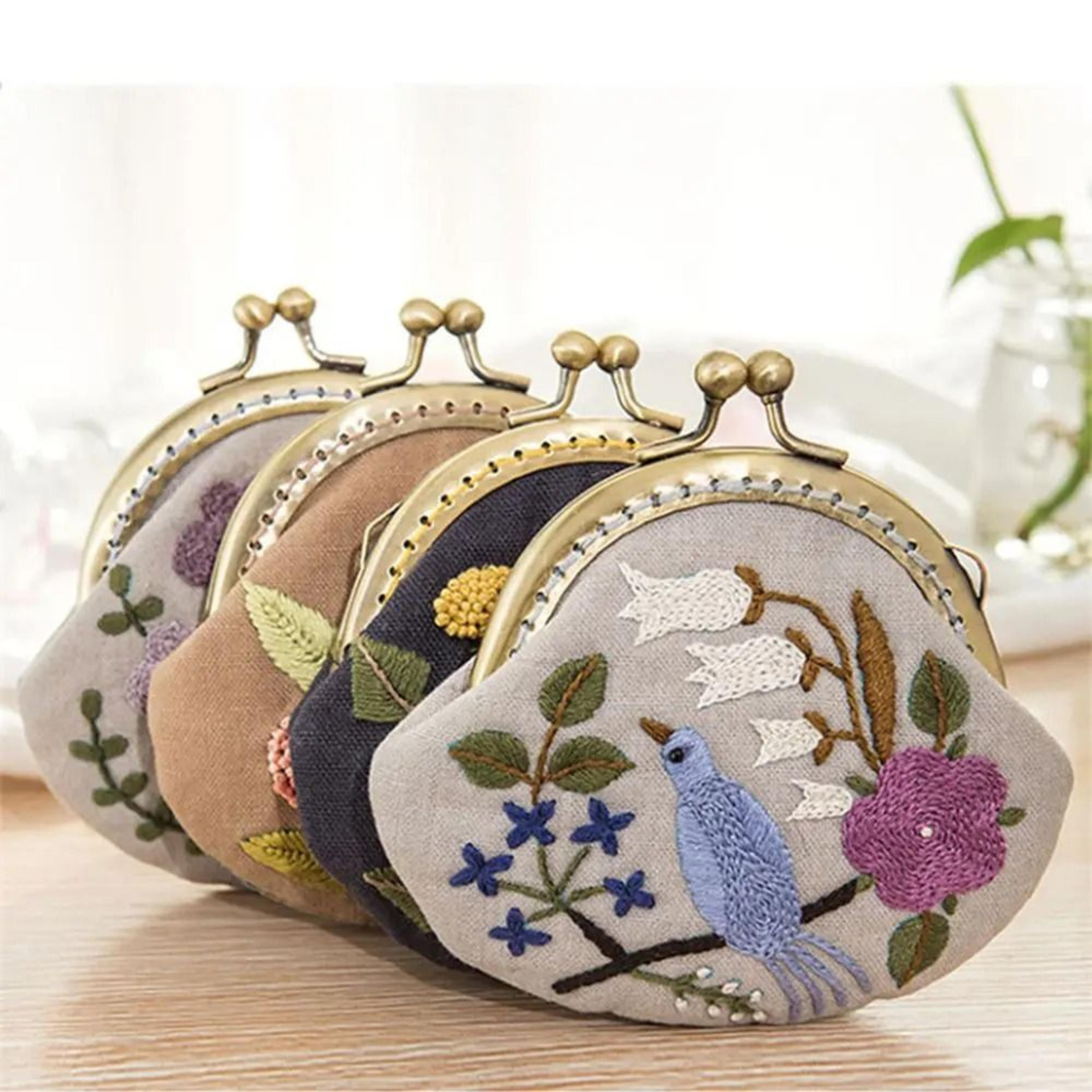 handmade flowers and bird embroidered diy coin purse kit