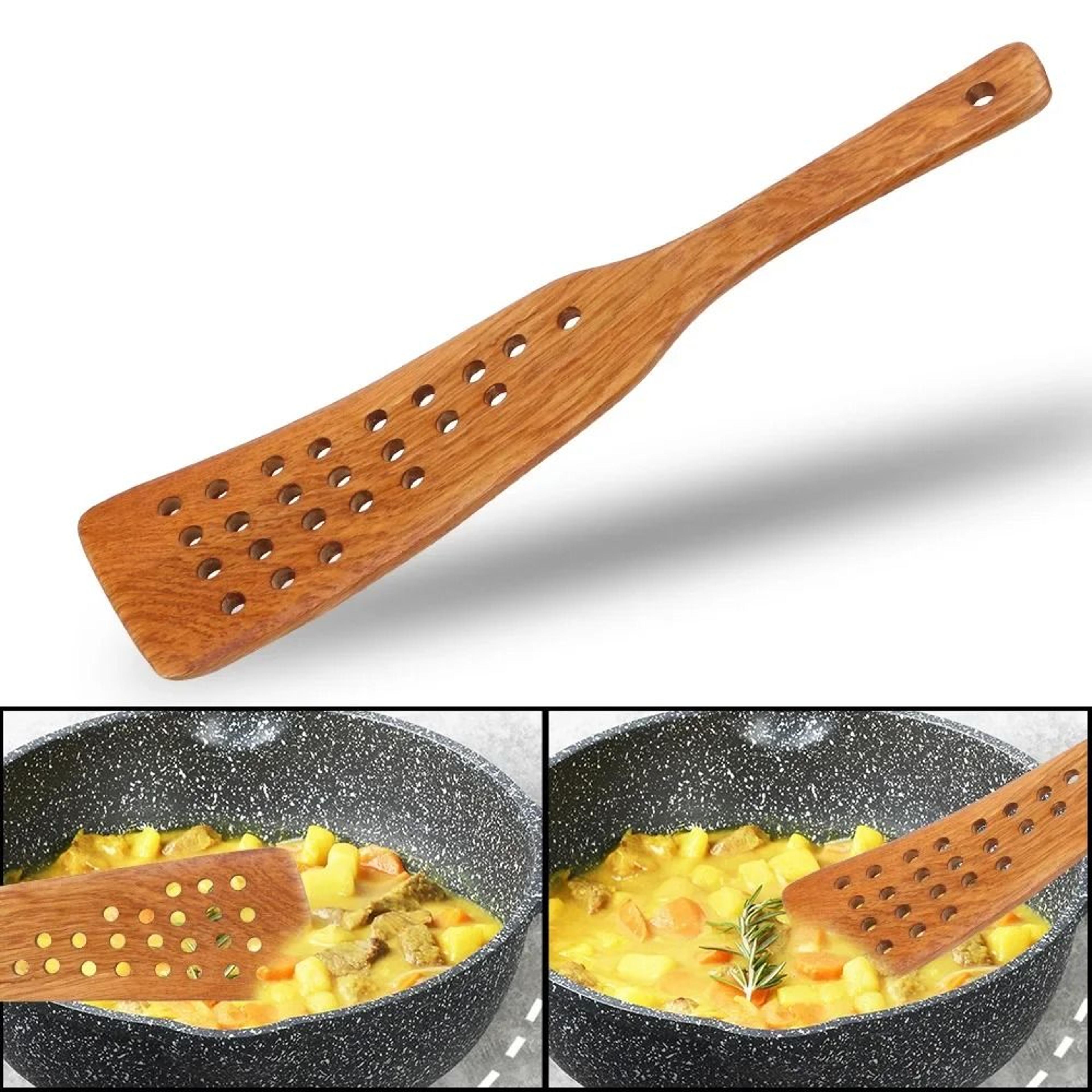 wooden frying shovel and slotted steak spatula