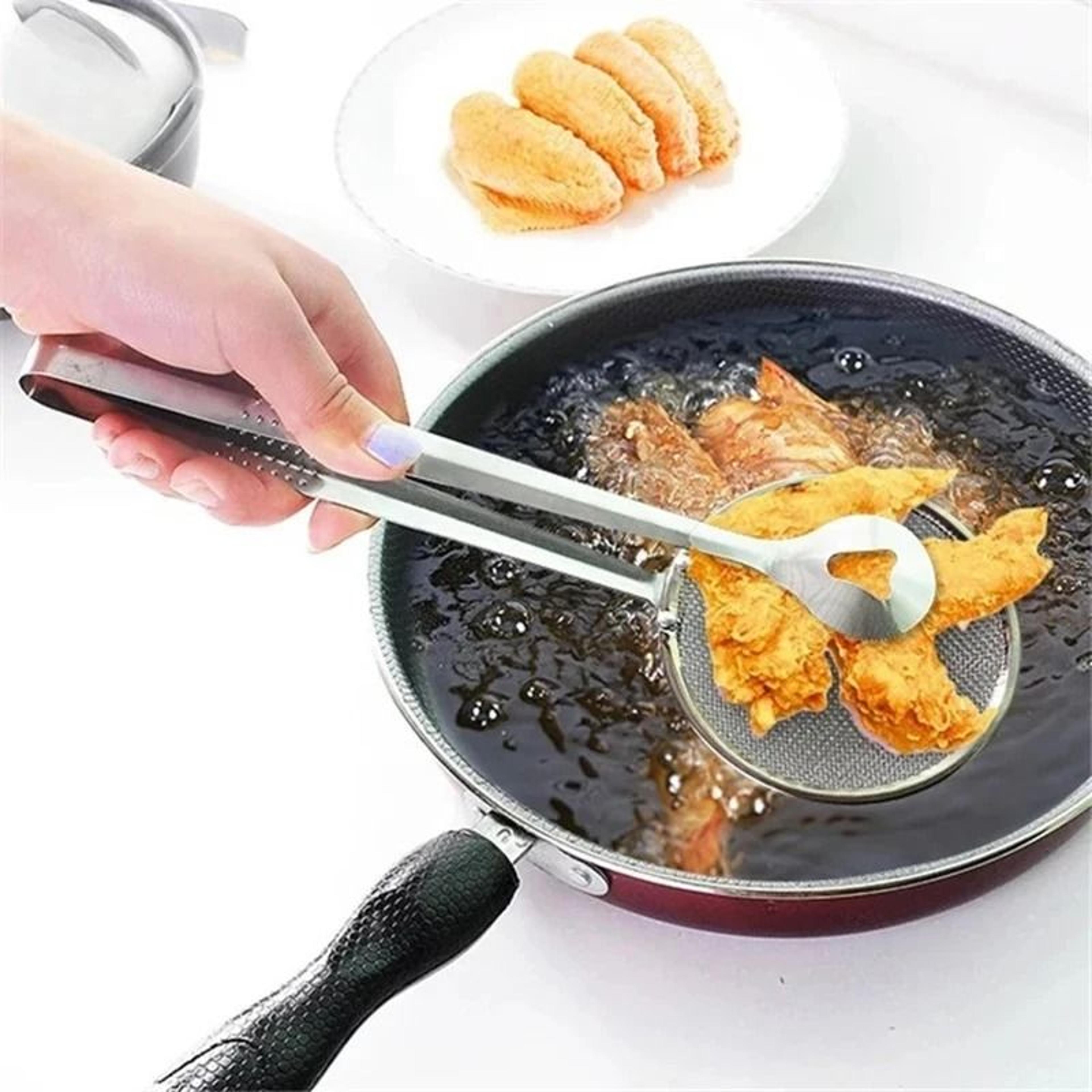 stainless steel food strainer and frying tongs