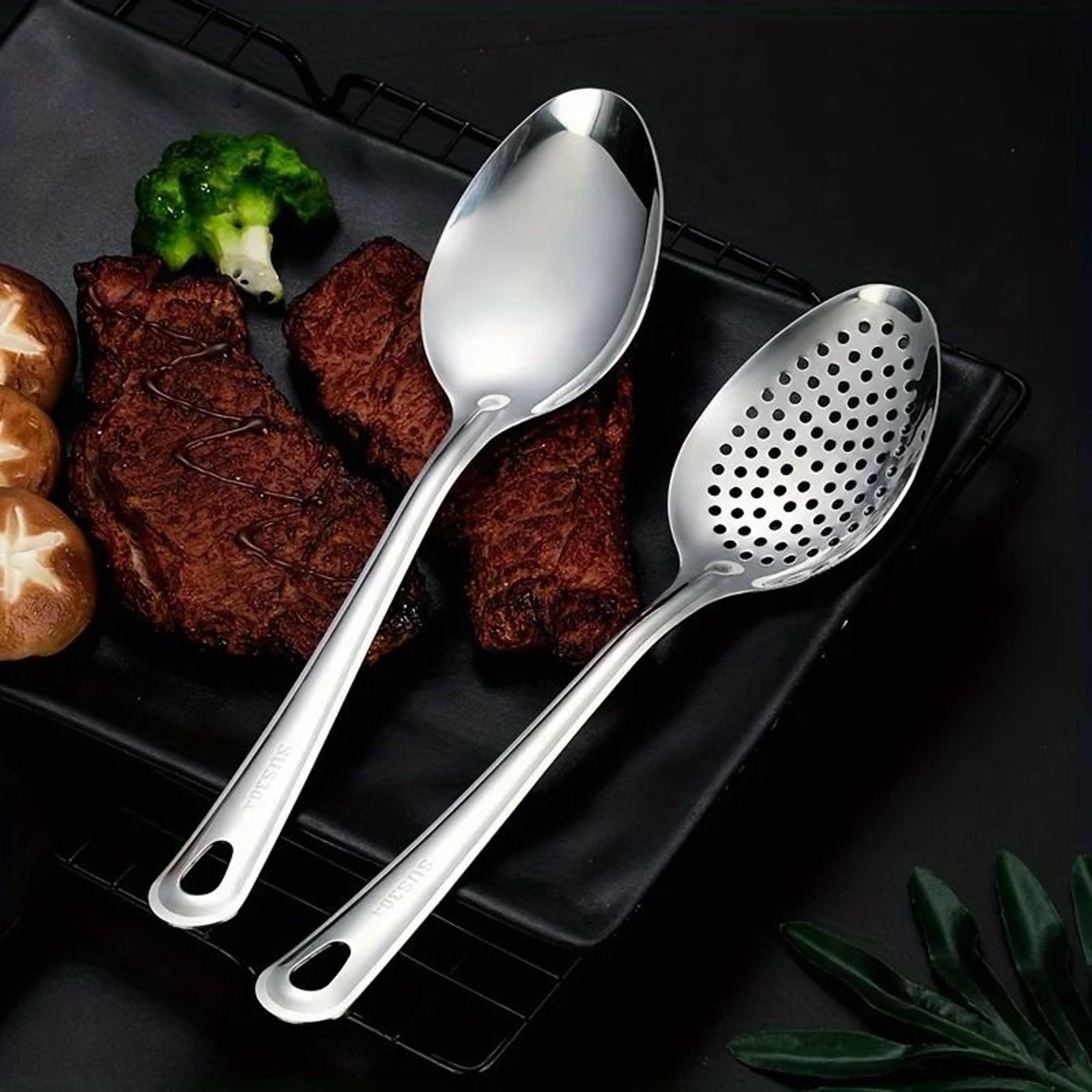 stainless steel kitchen colander and skimmer spoon