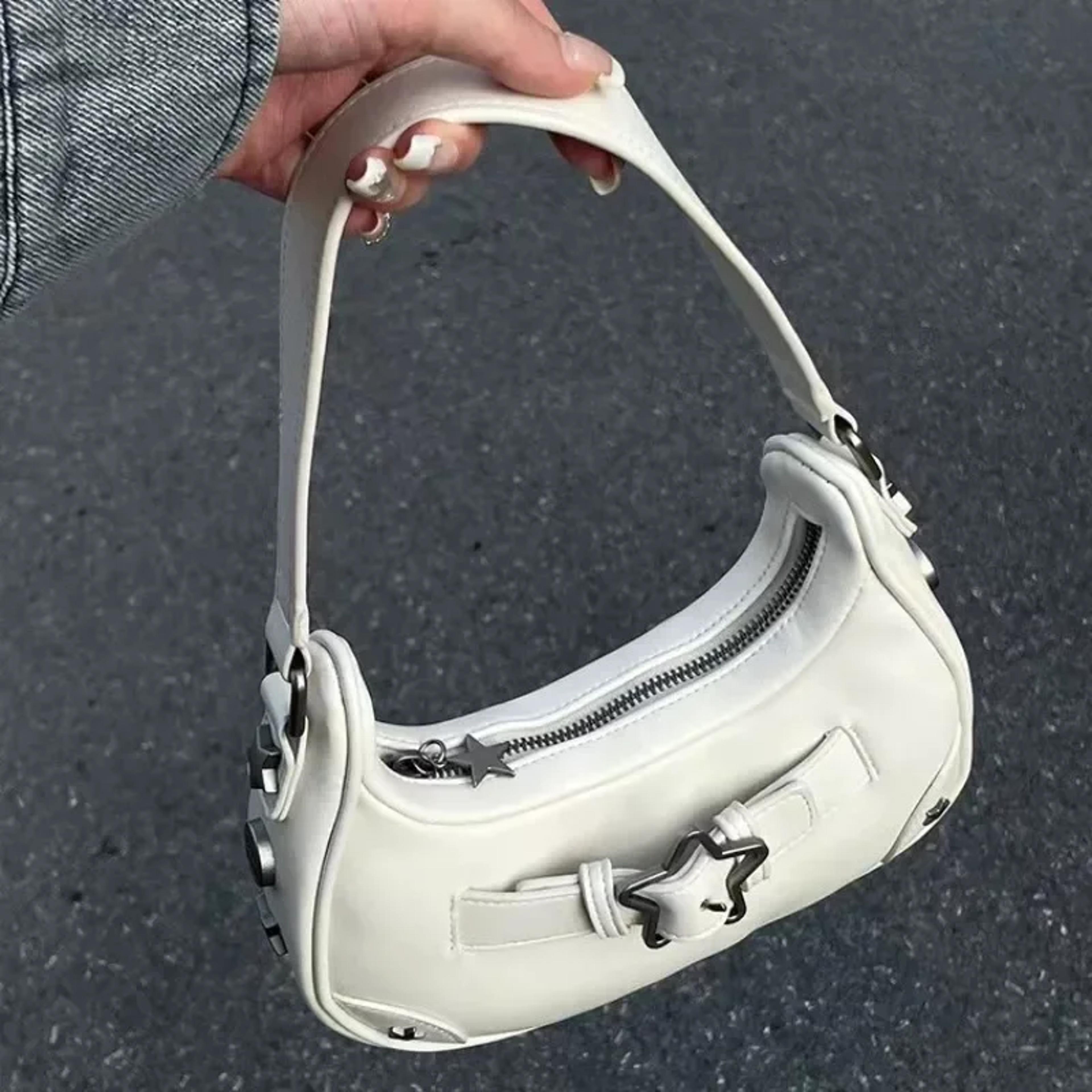 casual cute white, vintage korean, star shoulder underarm, ladies tote bag, leather zip sling handbag, purses women