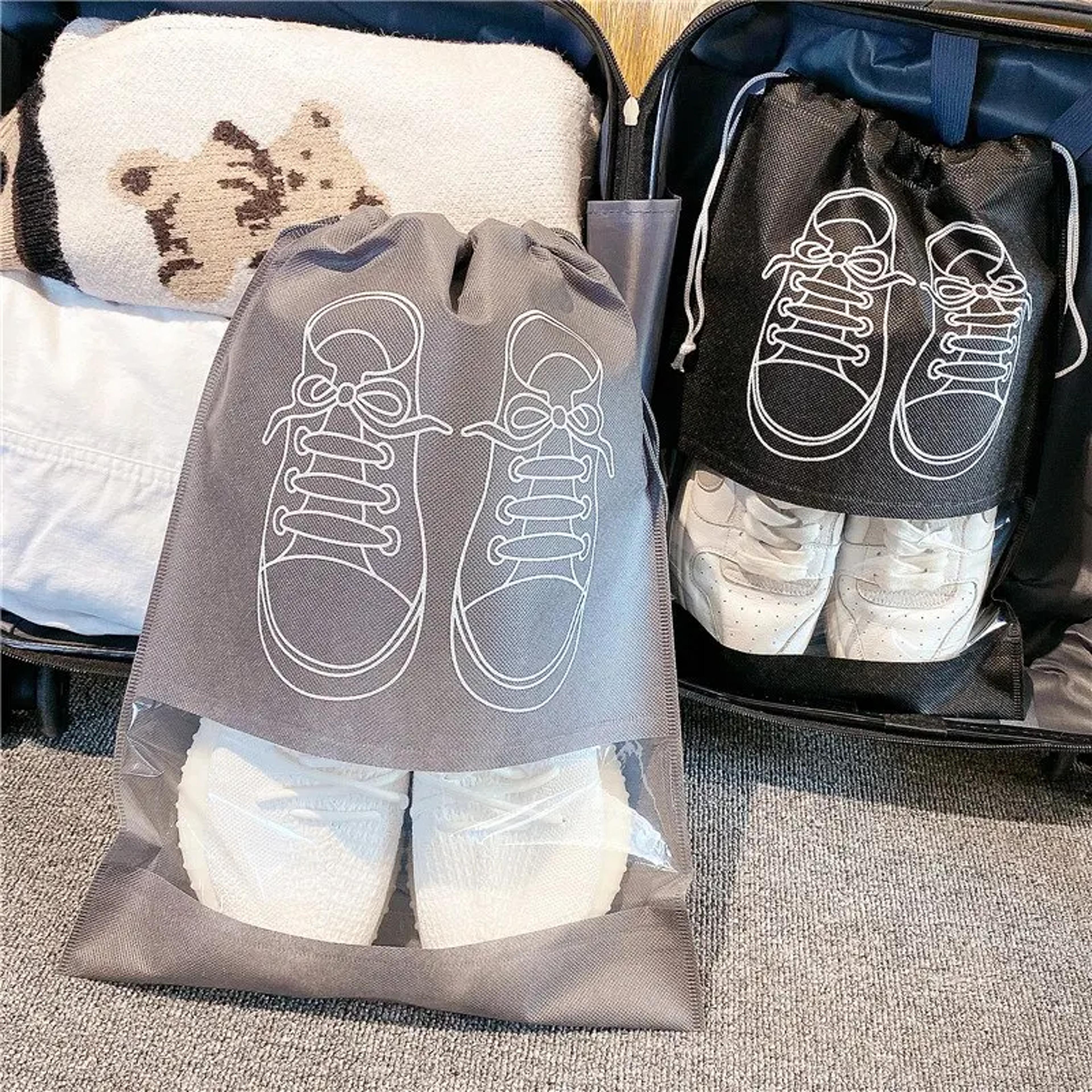 portable shoe storage bag, waterproof hanging closet organizer, classified draw bag, multi pocket clothing organizer