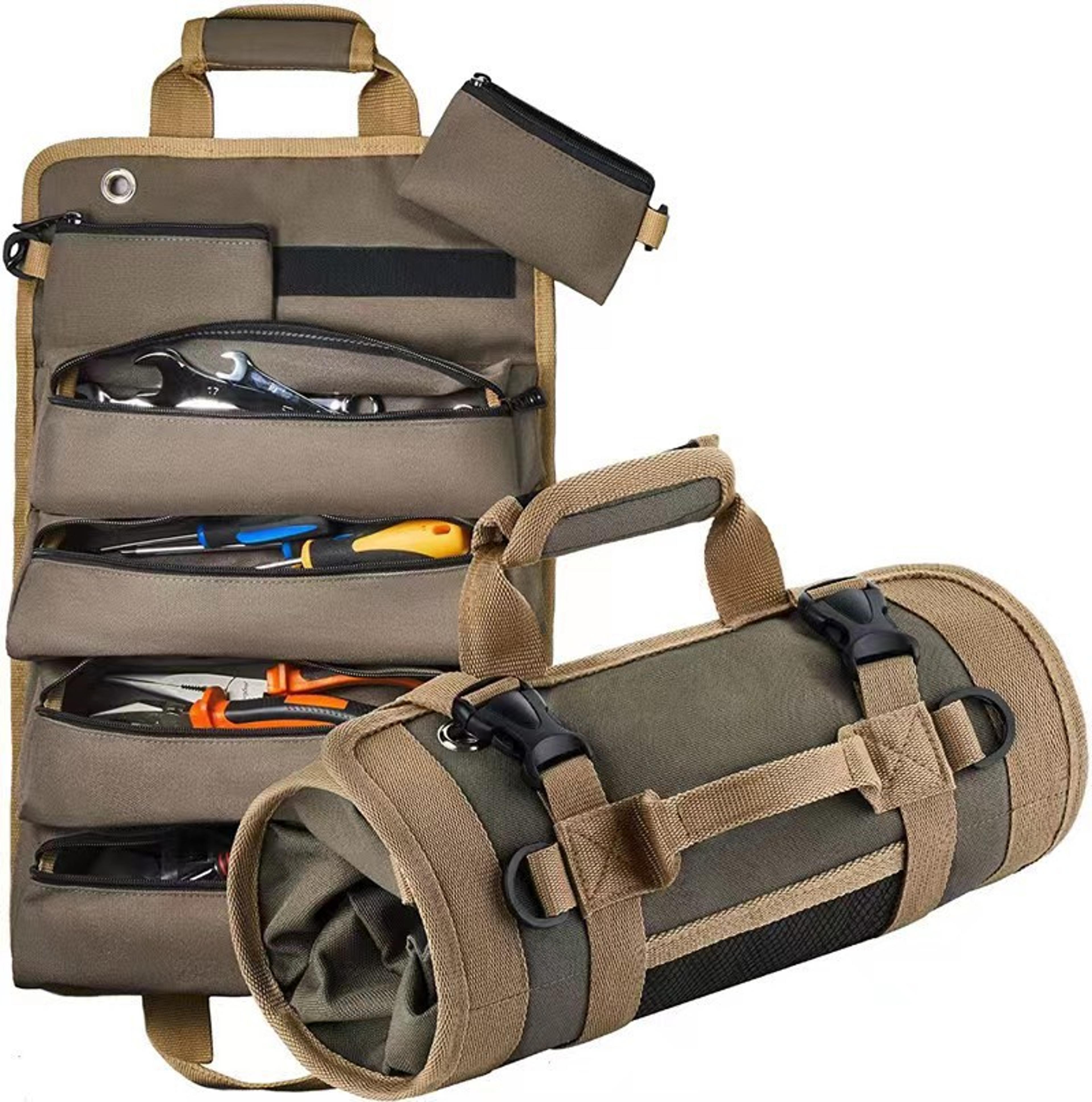 canvas tool roll-up kit, multi-function large capacity hanging bag, car storage organizer, camping gear zipper carrier