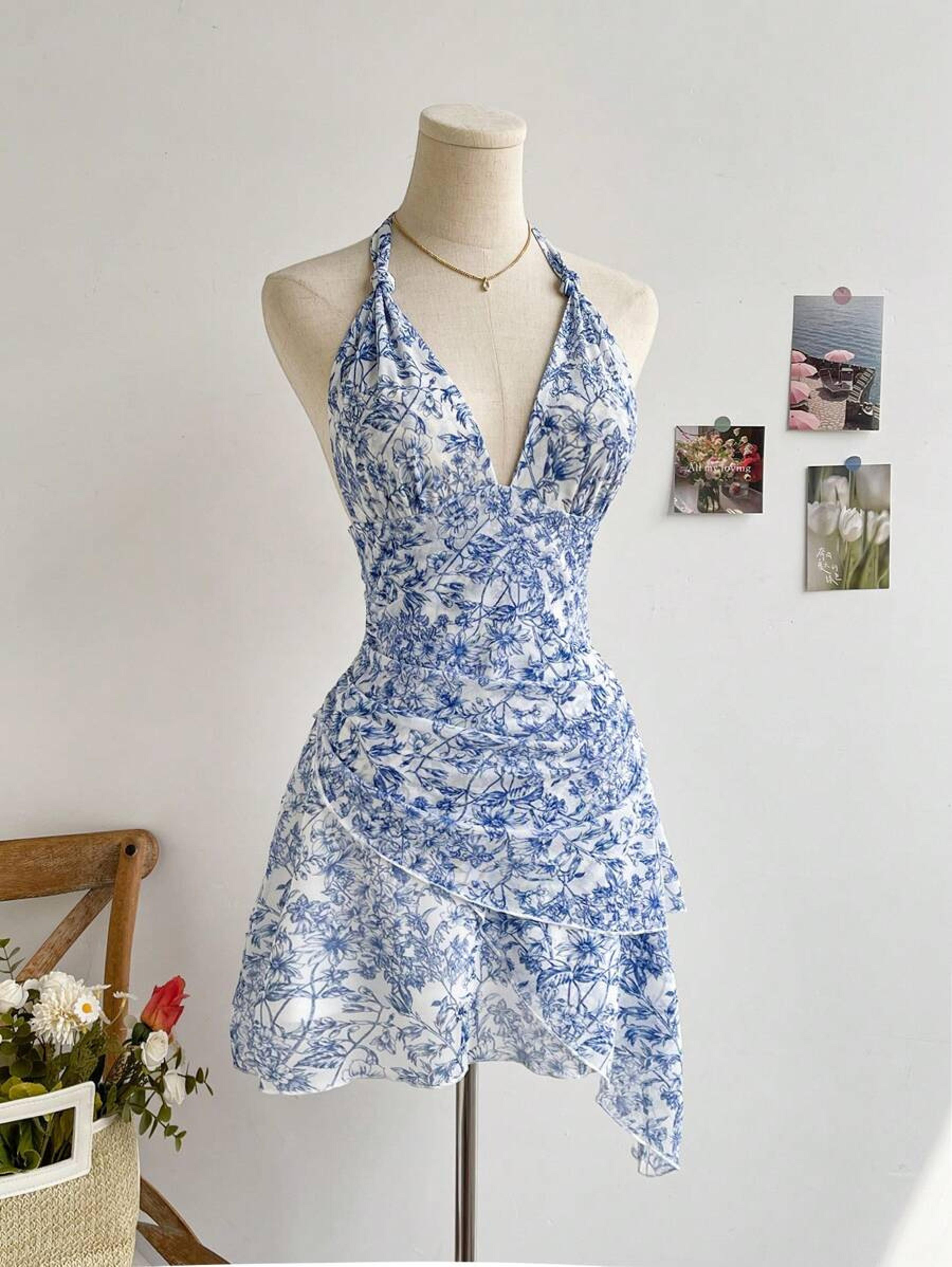 blue blossom floral mesh dress for women elegant v neck dress summer mini party outfit