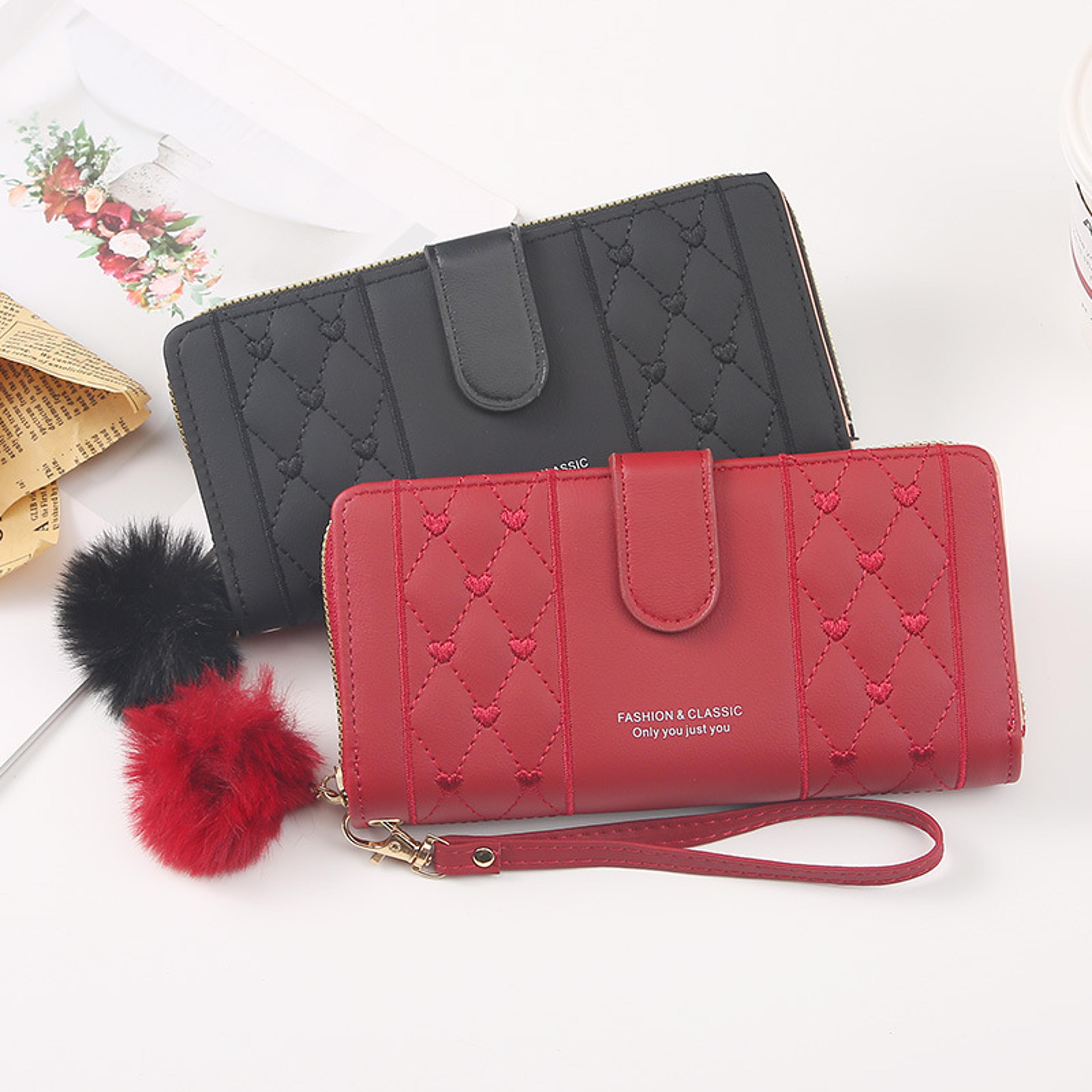 elegant women's long wallet pu leather large capacity wallet with wrist strap & phone holder